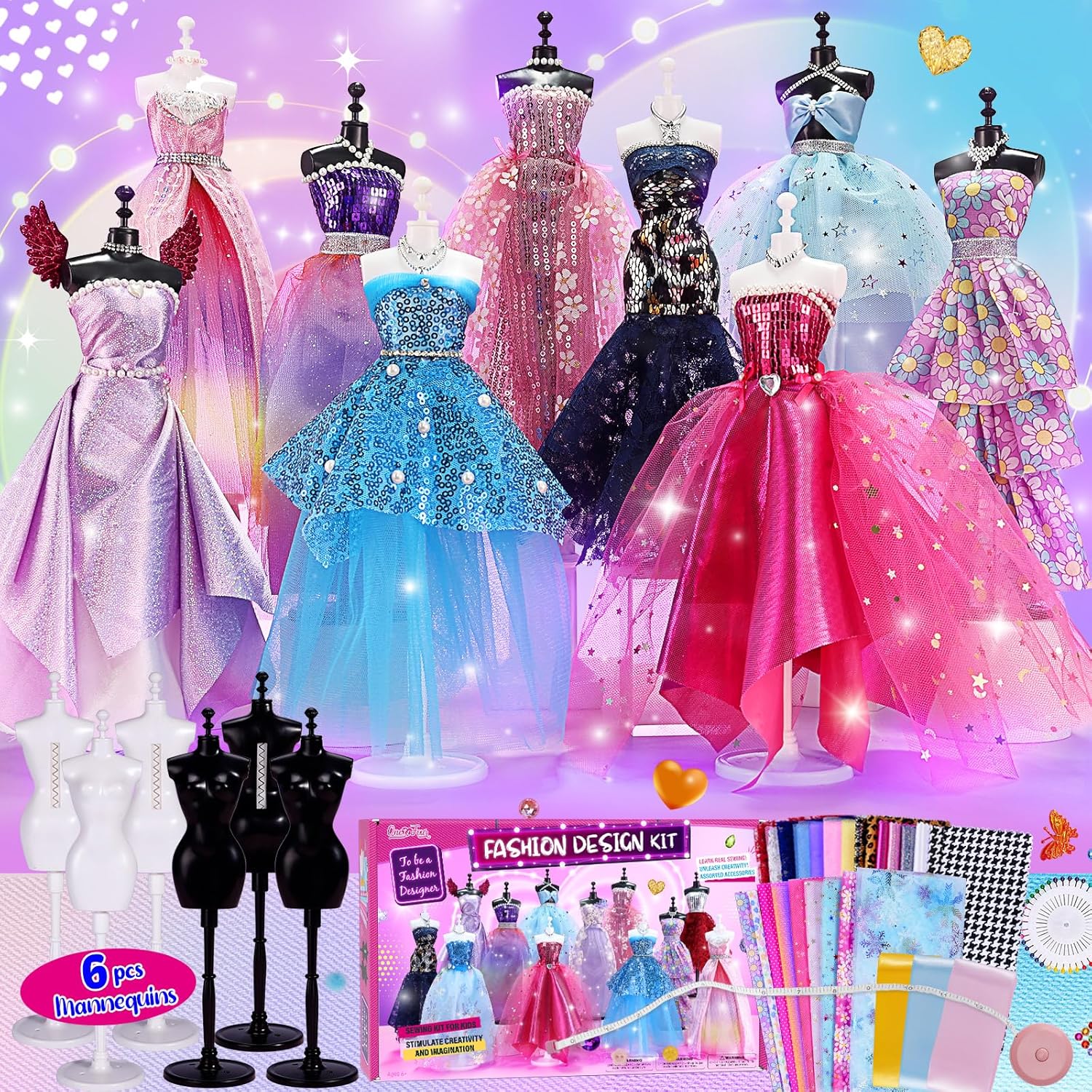 ONE TO FOUR 800+Pcs - Fashion Designer Kit for Girls with 6 Mannequins - Arts and Crafts Kit- Sewing Kit for Kid Ages 8-12 -Girls Gift Age 6 7 8 9 10 11 12-Gifts for Teen Girls