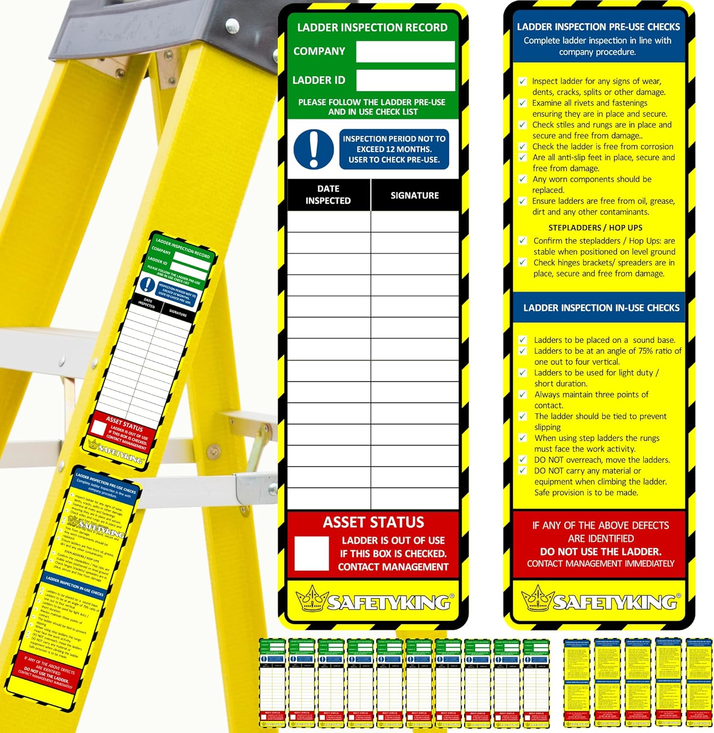 Ladder Inspection Tags 15 pcs 10x Inspection Ladder Tag Stickers and 5X Procedure Stickers. Self Adhesive Vinyl Labels. Heavy Duty, Long Lasting. Weatherproof. Safetyking Made in UK