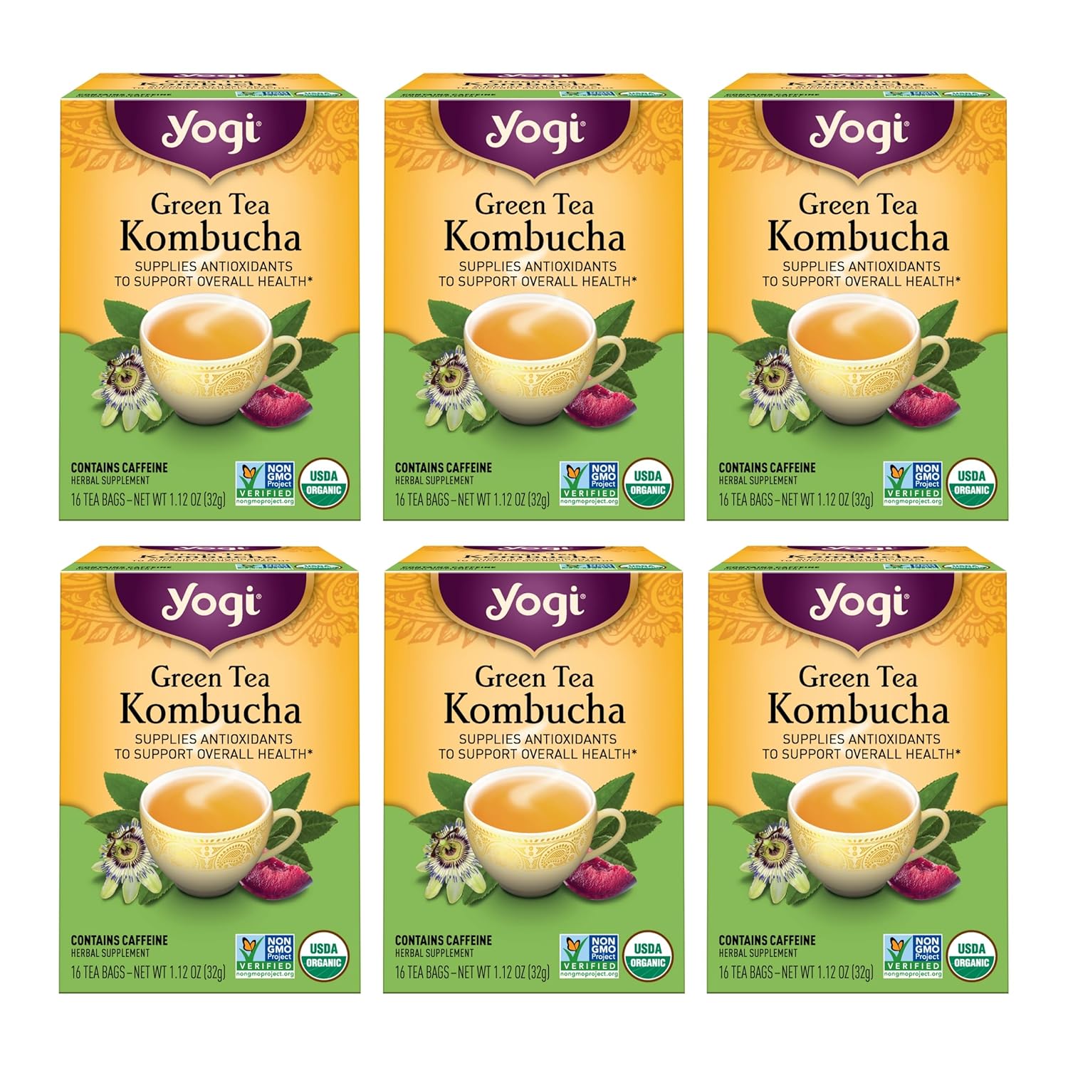 Yogi Tea - Green Tea Kombucha (6 Pack) - Supplies Antioxidants to Support Overall Health - Contains Caffeine - 96 Organic Green Tea Bags