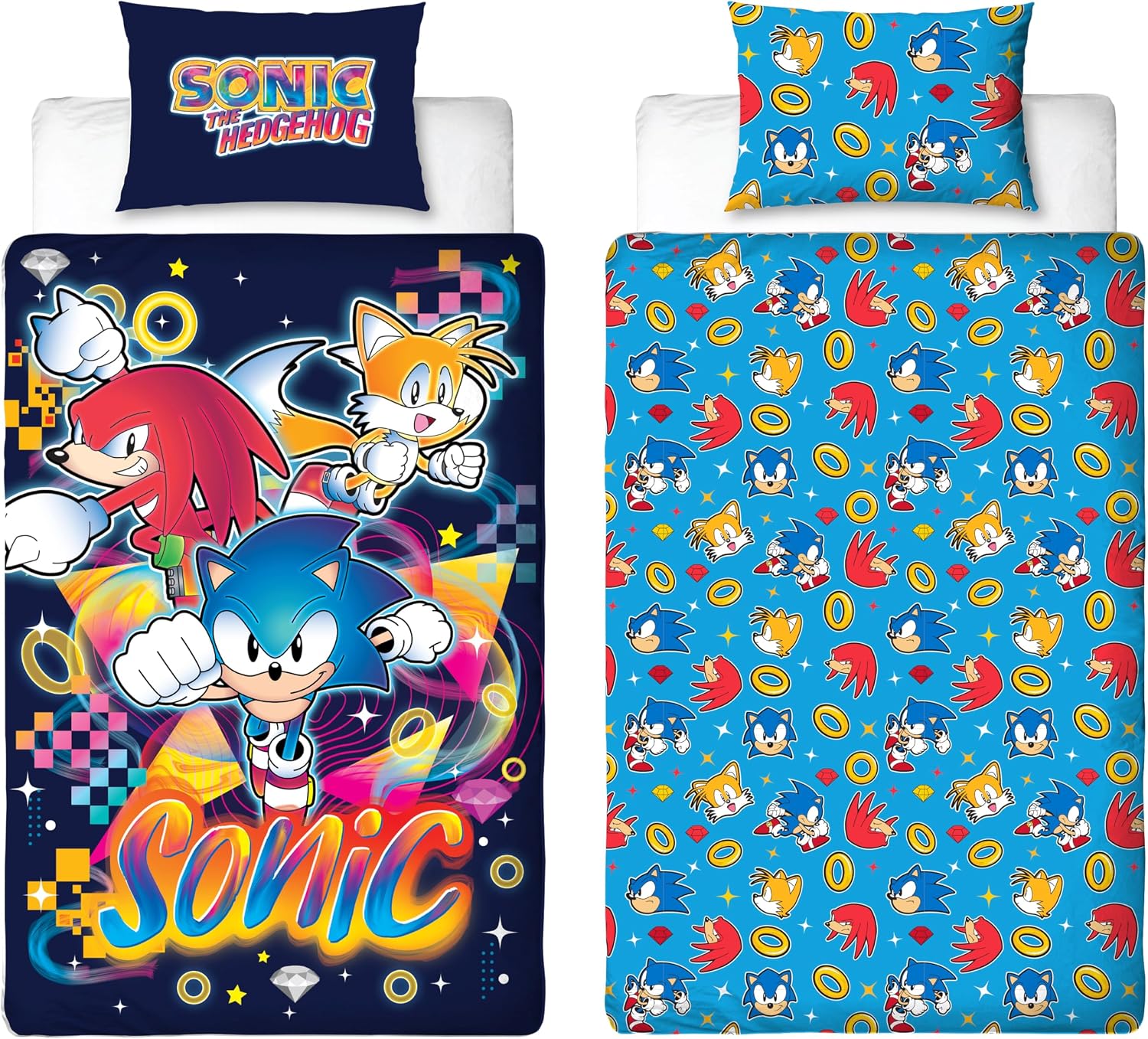 Sonic The Hedgehog Design Gaming Single Duvet Cover Set | Reversible 2 Sided Bedding with Tails and Knuckles Including Matching Pillow Case | Perfect For Kids Bedroom