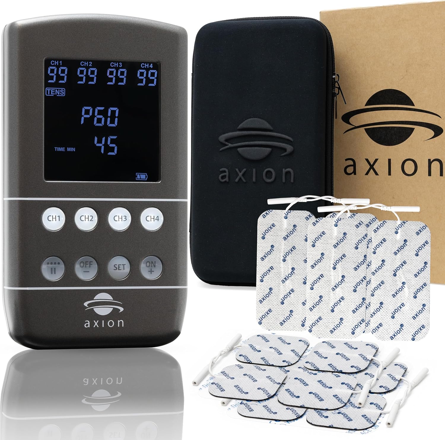 axion 4-Channel, Rechargeable TENS Machine for Pain Relief STIM-PRO X9B | EMS Muscle Stimulator, Massager and TENS Unit with 60 Modes incl. 8pcs 5x5cm and 4pcs 10x5cm TENS Machine Electrode Pads