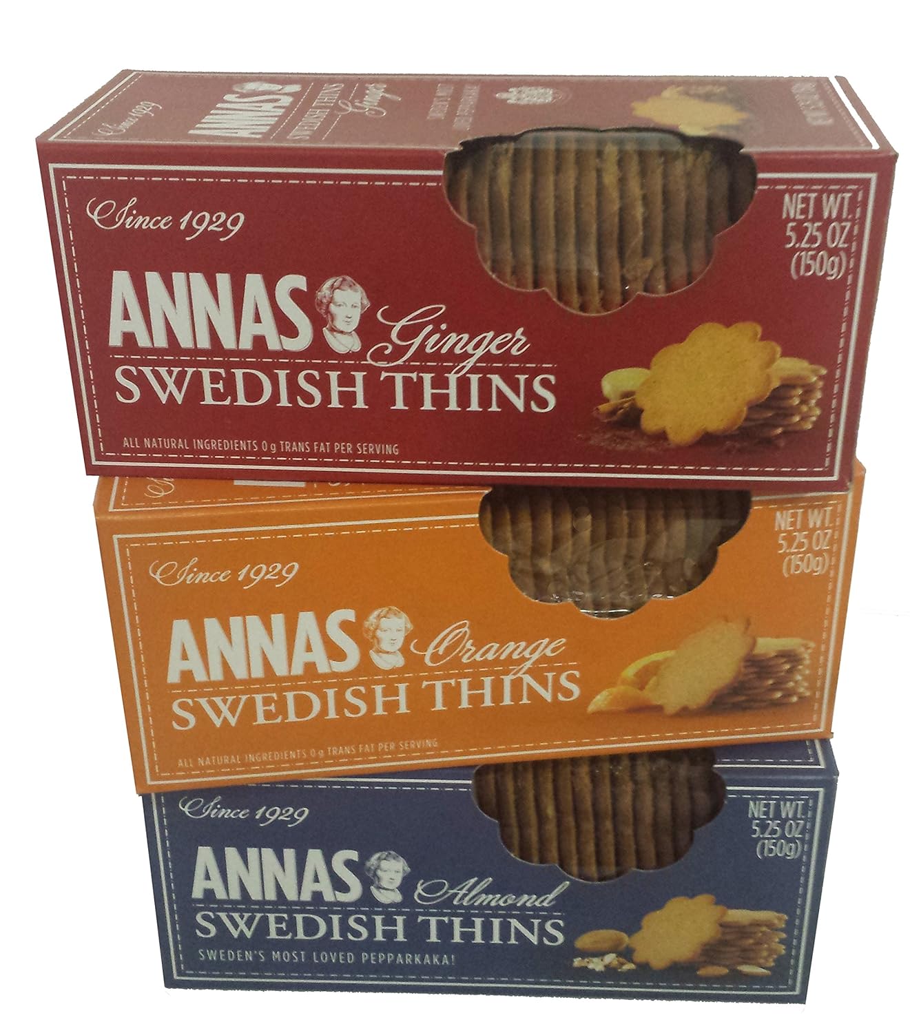 Annas Swedish Thins Assortment, Six 5.25oz boxes, 2 each of 3 flavors, 2 Ginger, 2 Orange & 2 Almond Thins