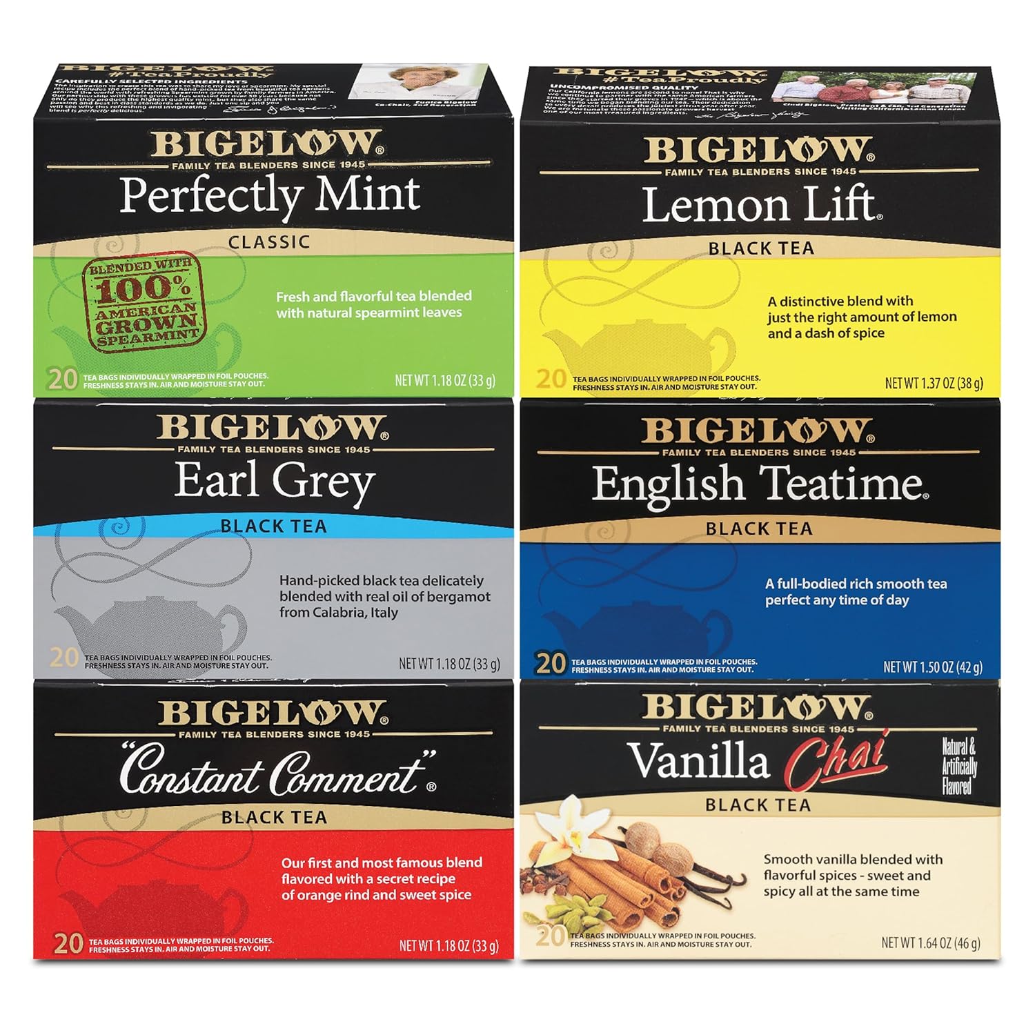 Bigelow Tea Caffeinated Black Tea, 6 Flavor, 20 Count (Pack of 6) - (Packaging and Flavor Assortment May Vary)