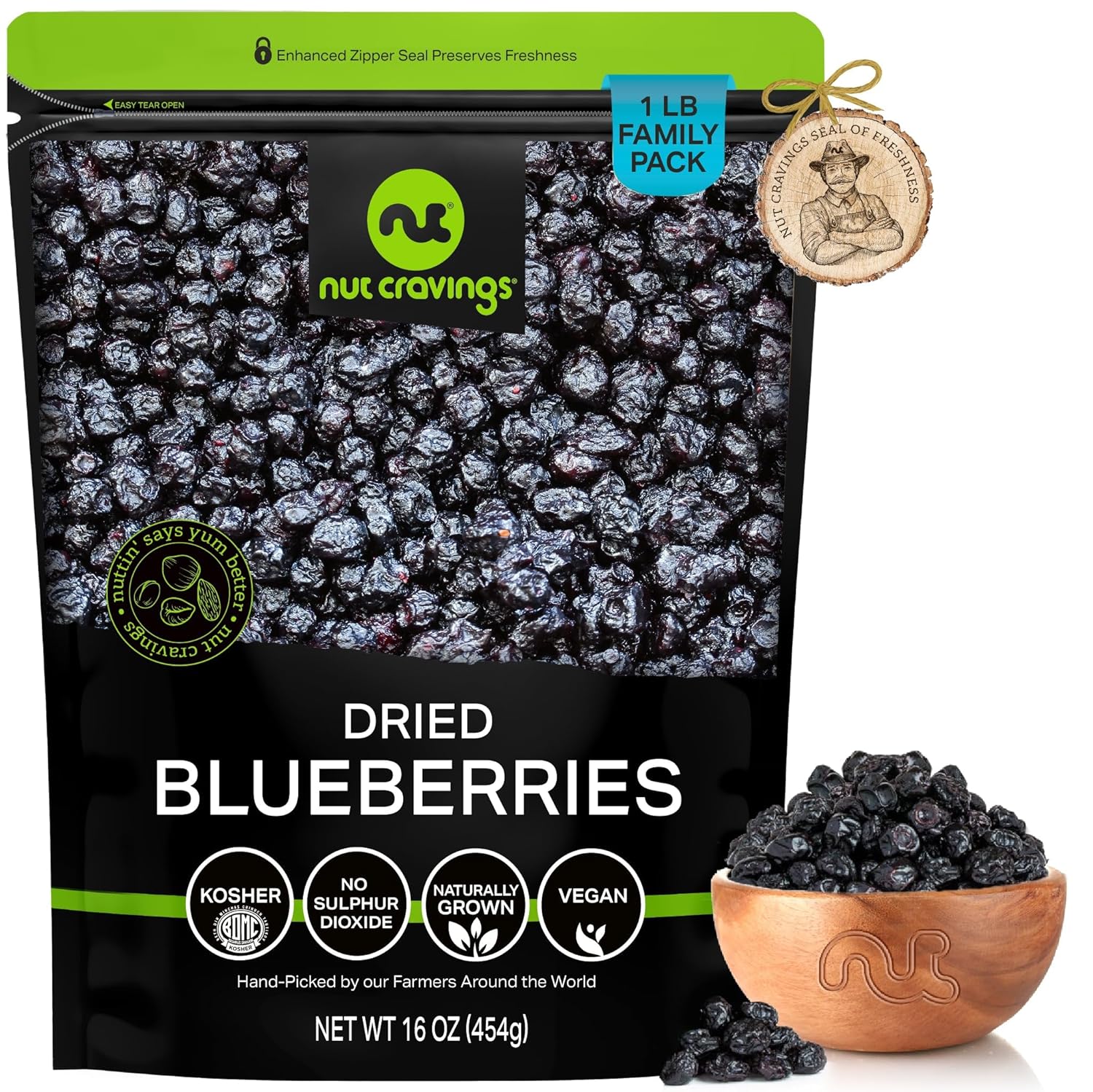 NUT CRAVINGS Dry Fruits - Sun Dried Blueberries, Lightly Sweetened (16oz - 1 LB) Packed Fresh in Resealable Bag - Sweet Snack, Healthy Food, Naturally Grown, Vegan, Kosher Certified