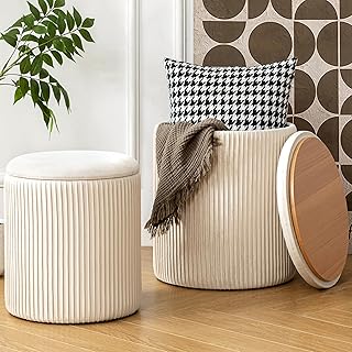 Ottoman with Storage Set of 2, Velvet Round Storage Ottoman, Upholstered Sponge Vanity Stool Support 300lbs, Multifunctional Coffee Table Foot Rest Ottoman for Living Room Bedroom, Beige