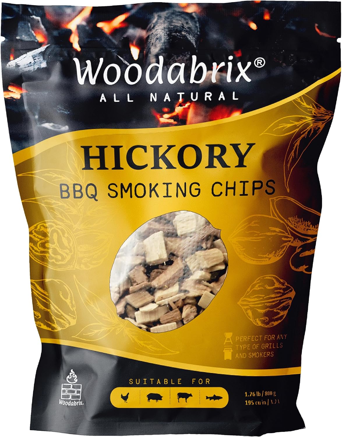 Woodabrix Hickory Wood Chips I BBQ Wood Chips are suitable for Charcoal, Gas and BBQ/Smoker I 100% Natural and Eco-friendly I 800 grams (3.2 Litre / 195 cu in)