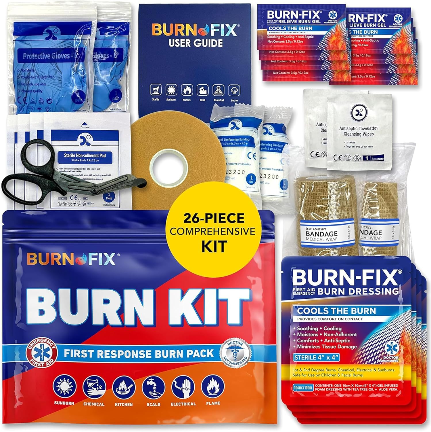BurnFix® Burn Kit First Aid Recommended by Doctors, Comprehensive 25pcs First Aid Kit Includes First Aid Burn Cream, Burn Dressing, Gloves, Scissors, Wipes Burn Relief - Sunburn, Flame Burn, Burn Care