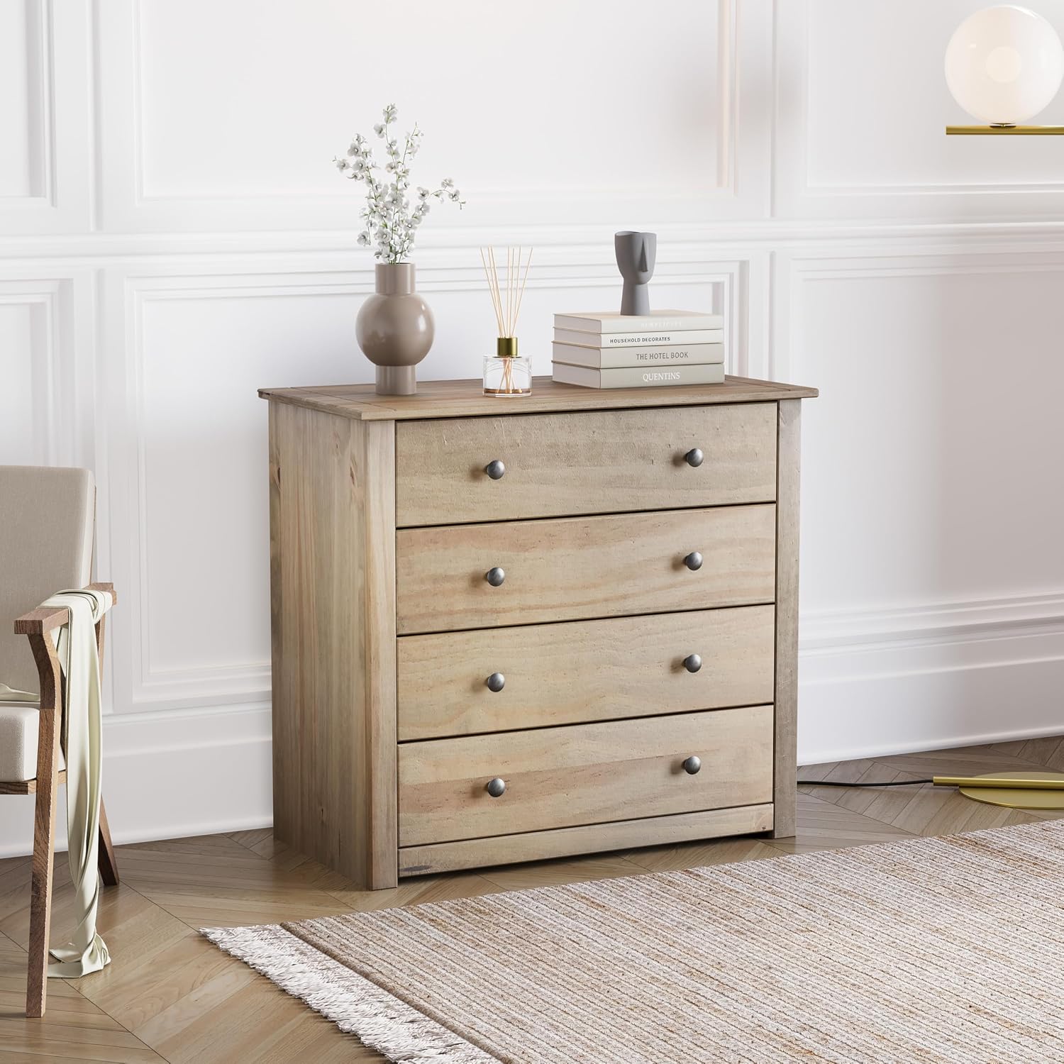 Vida Designs Panama 4 Drawer Chest of Drawers | Solid Pine Wood | 73.5 H x 80 W x 40 D cm | Waxed Oak Finish | Black Round Handles | Rustic | Bedroom Furniture