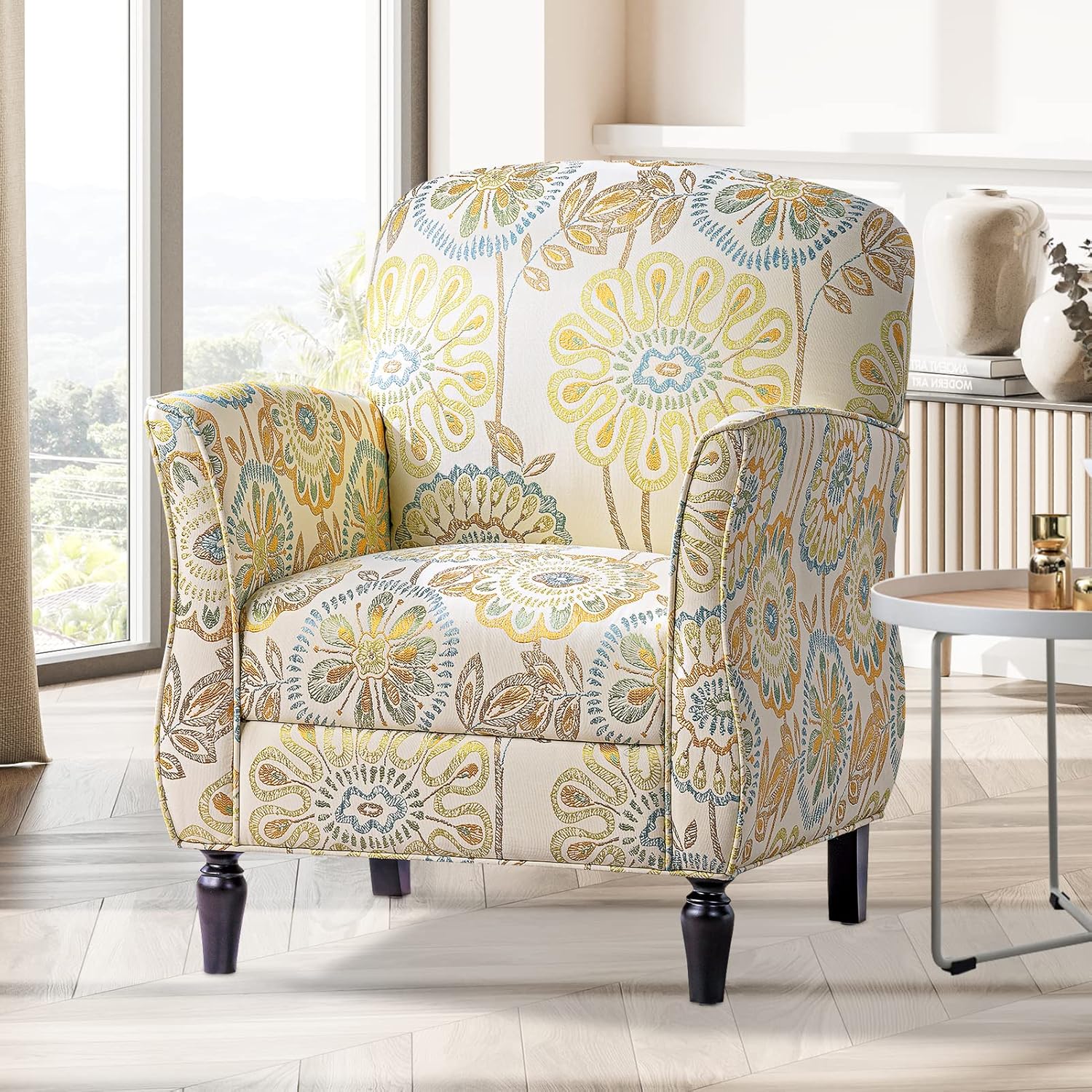 Wingback Chair Floral Club Chair Accent Living Room Chairs Fabric Pattern Retro Casual Recessed Armchair Accent Chairs Tufted Single Sofa Chair(Beige+Yellow + Fabric)
