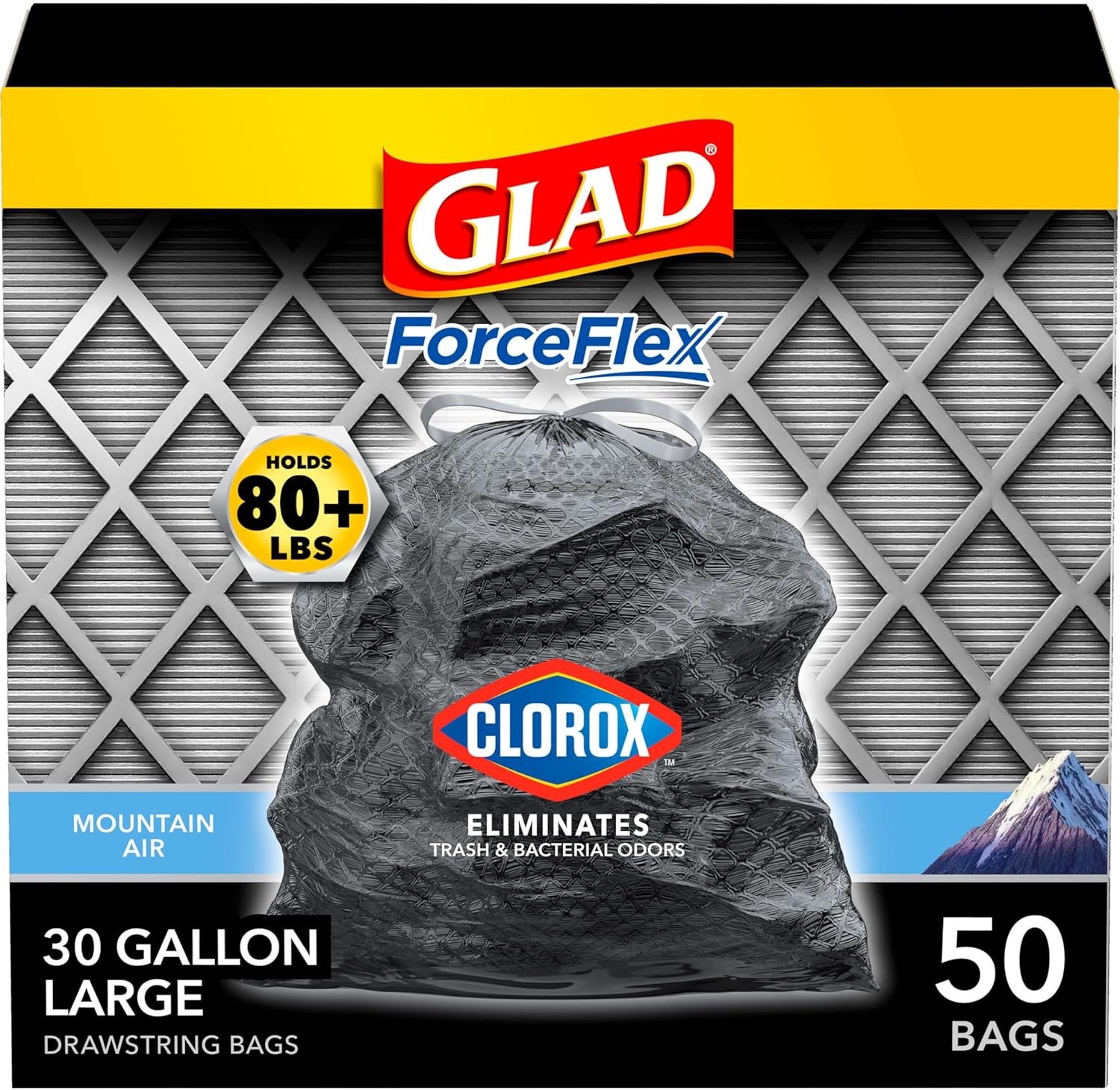 Glad Large Trash Bags, ForceFlex with Clorox, 30 Gal, Mountain Air, 50 Ct (Package May Vary)