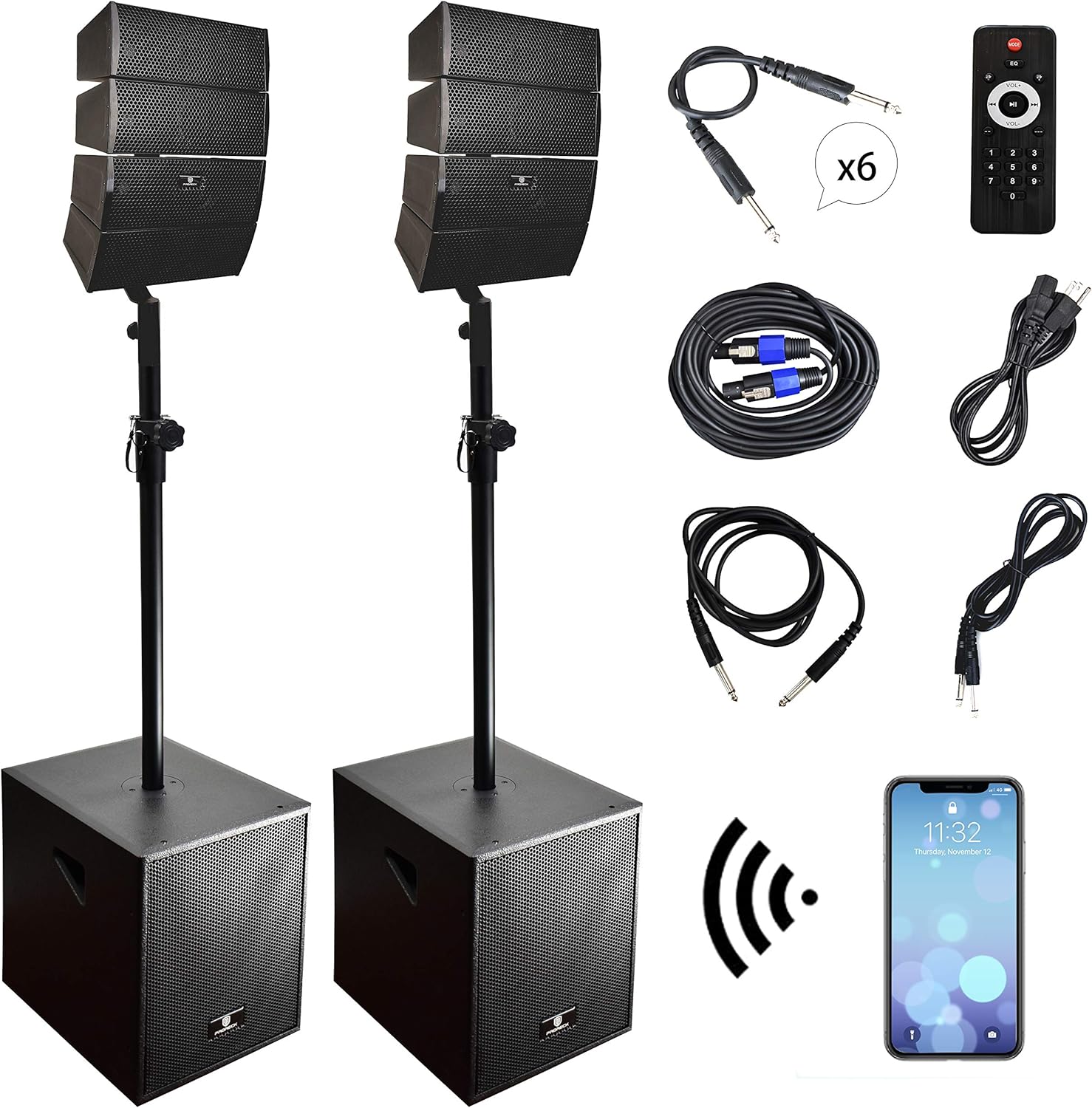 PRORECK Club 3000 12-Inch 4000w DJ Powered PA Speaker System Combo Set with Bluetooth USB Drive Read Function SD Card Remote Control,Two subwoofers and 8 line Array Speakers Set for Church, DJ, Live