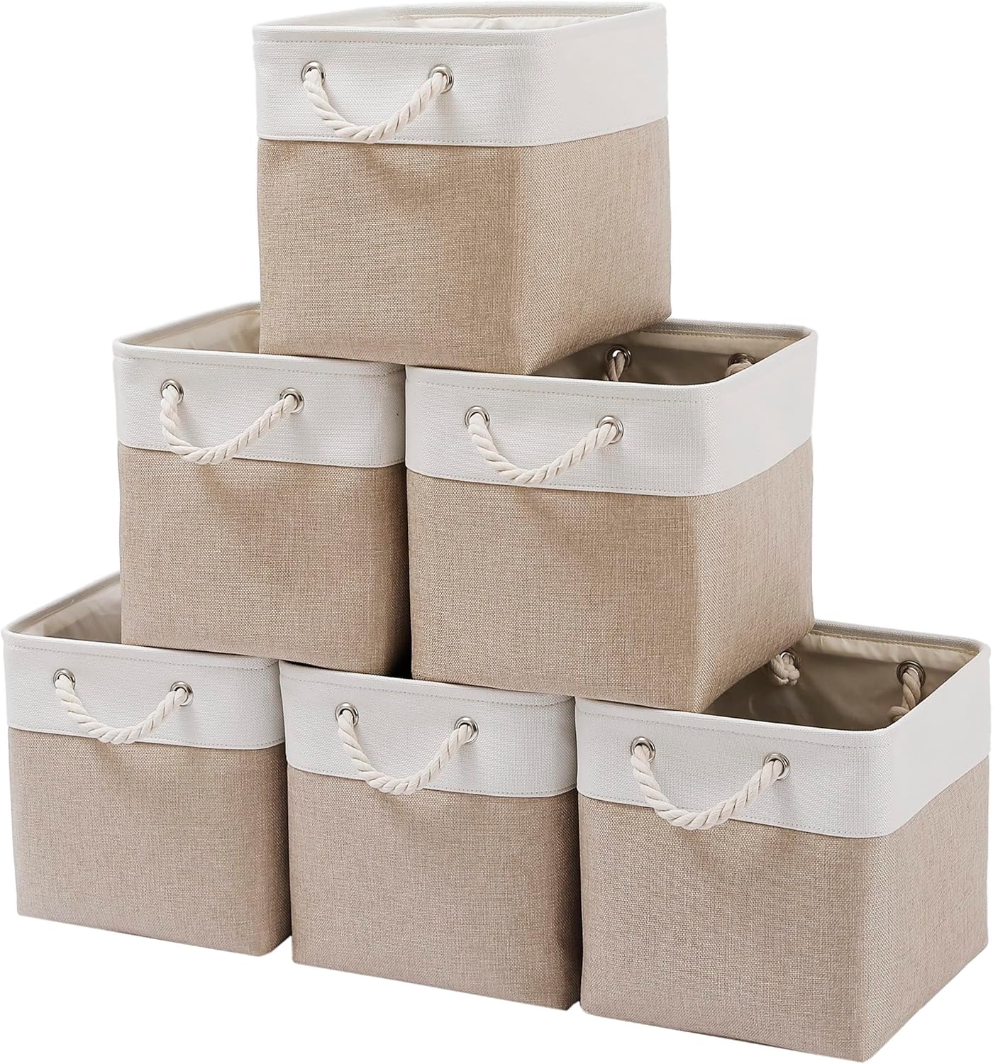 ICEMOR 28 x 28 x 28 cm Cube Storage Bins, 6 Pack Large Collapsible Fabric Storage Boxs with Ropes, Foldable Storage Cubes for Home, Office,Closet, Clothes, Toys Organizer (White & Beige)