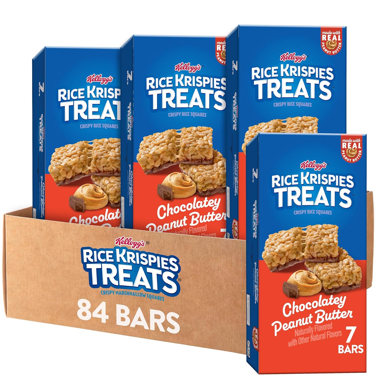 Rice Krispies Treats Crispy Rice Squares, Kids Snacks, Snack Bars, Chocolatey Peanut Butter (12 Boxes, 84 Bars)
