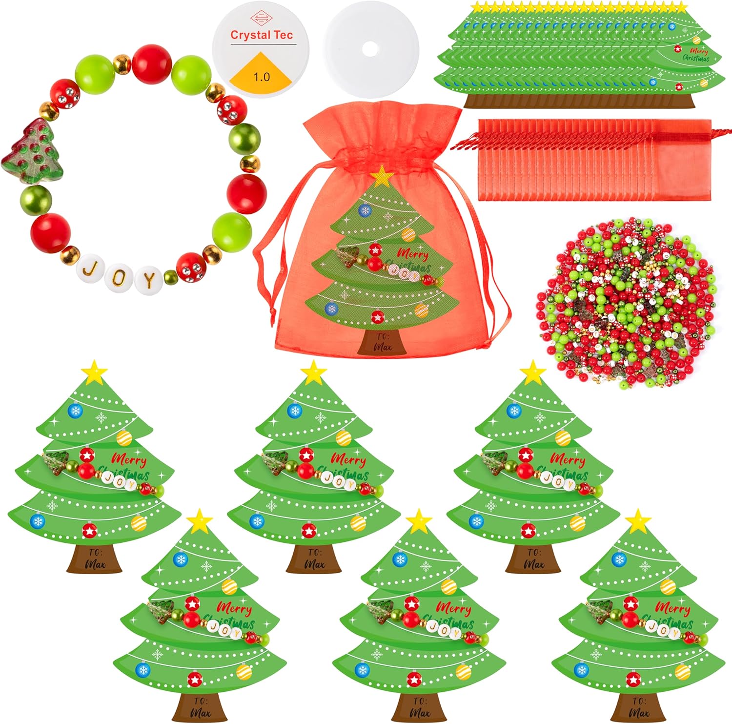 BeYumi Christmas DIY Bracelet Gift - 24 Pack Xmas DIY Joy Letter Beads Friendship Bracelets with Christmas Tree Greeting Cards Xmas Craft Kits Party School Classroom Fun Activities for Kids Ages 6-12