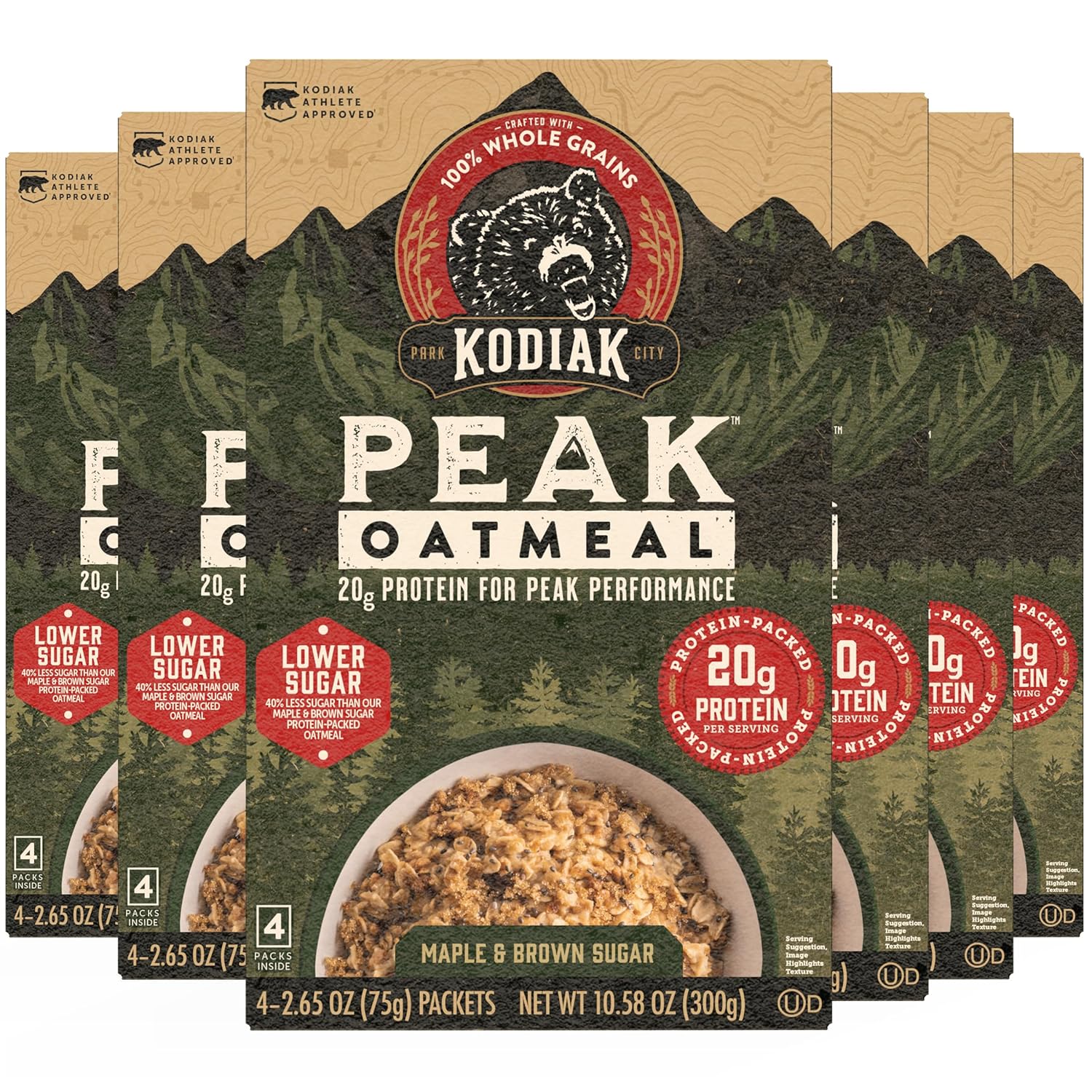 Kodiak Cakes Peak Instant Oatmeal Packets, Maple Brown Sugar, High Protein,100% Whole Grains, 6 box with 4 packets each (Total of 24 packets)