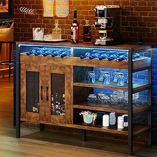 YITAHOME Wine Bar Cabinet with Power Outlets and LED Lights, Industrial Coffee Bar Cabinets for Liquor and Glasses Home Bar Kitchen Buffet Cabinet for Home Living Dining Room 47"