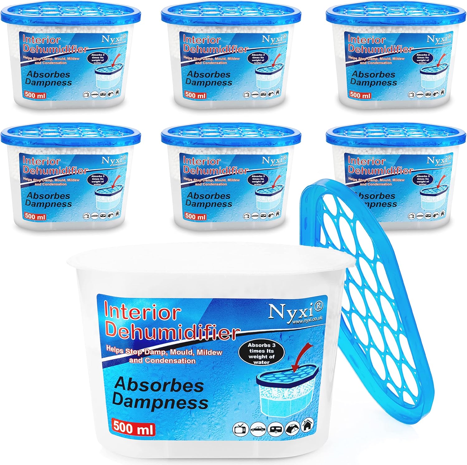 Nyxi Dehumidifier Pack of 6 X 500ml Interior Wardrobe, Ideal to stop Condensation damp, mould mildew & condensation - Remove Moisture and improve air quality Wardrobe, Home, Kitchen, Garage, Caravan