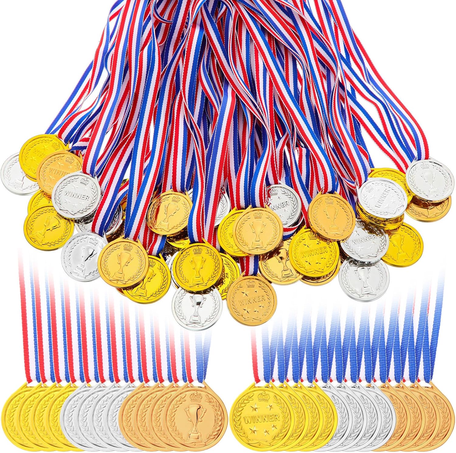 Sumind 48 Pcs Gold Silver Bronze Plastic Medals for Kids Winner Award Medal Bulk 1st 2nd 3rd Place Prize Neck Ribbon for Gymnastics Field Day Sports Competition Spelling Bee Party Favors Gifts