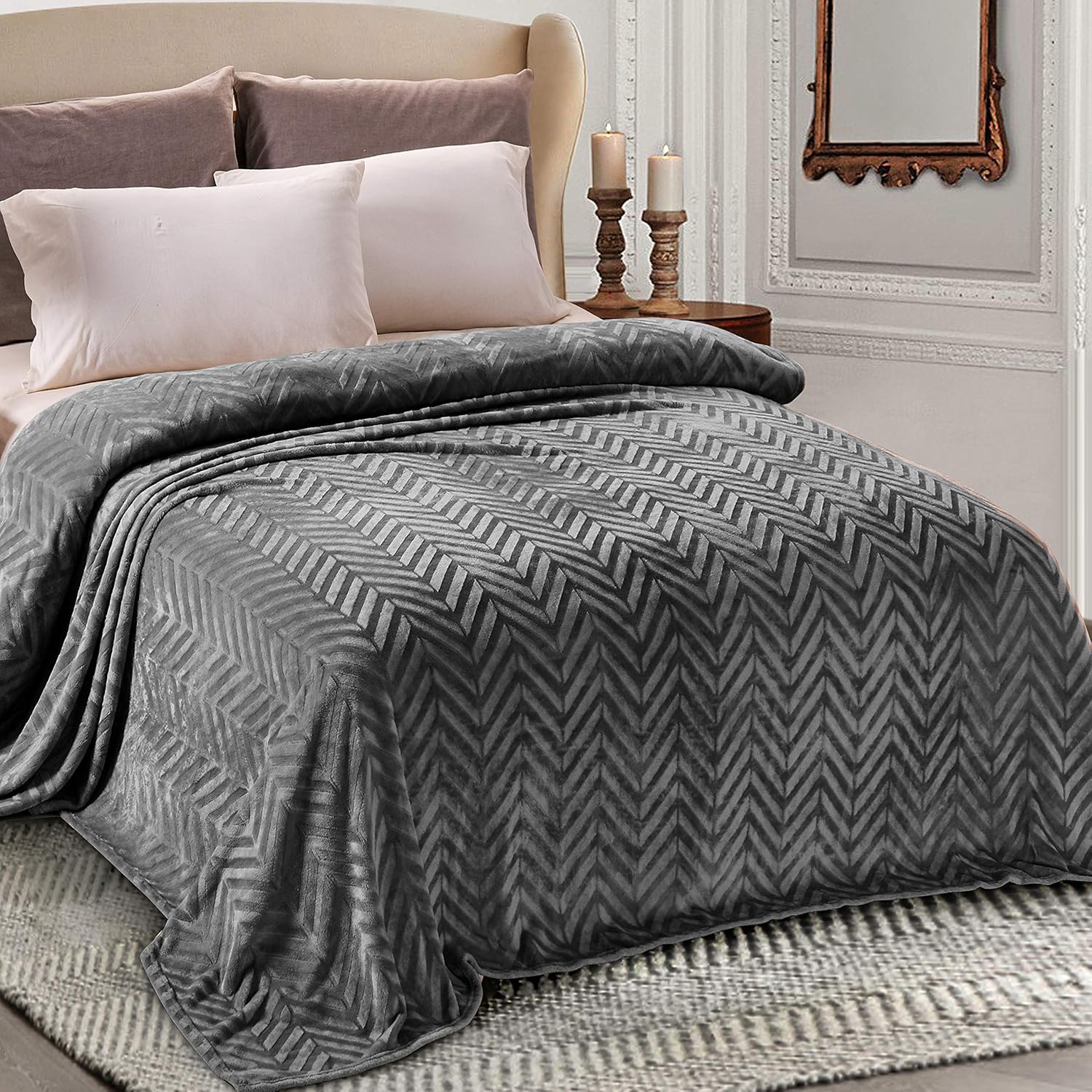 Whale Flotilla Flannel Fleece Double Size Blanket for Bed, 150x200 CM Soft Fluffy Velvet Bed Blanket with Decorative Chevron Pattern for All Season, Warm and Lightweight, Dark Grey