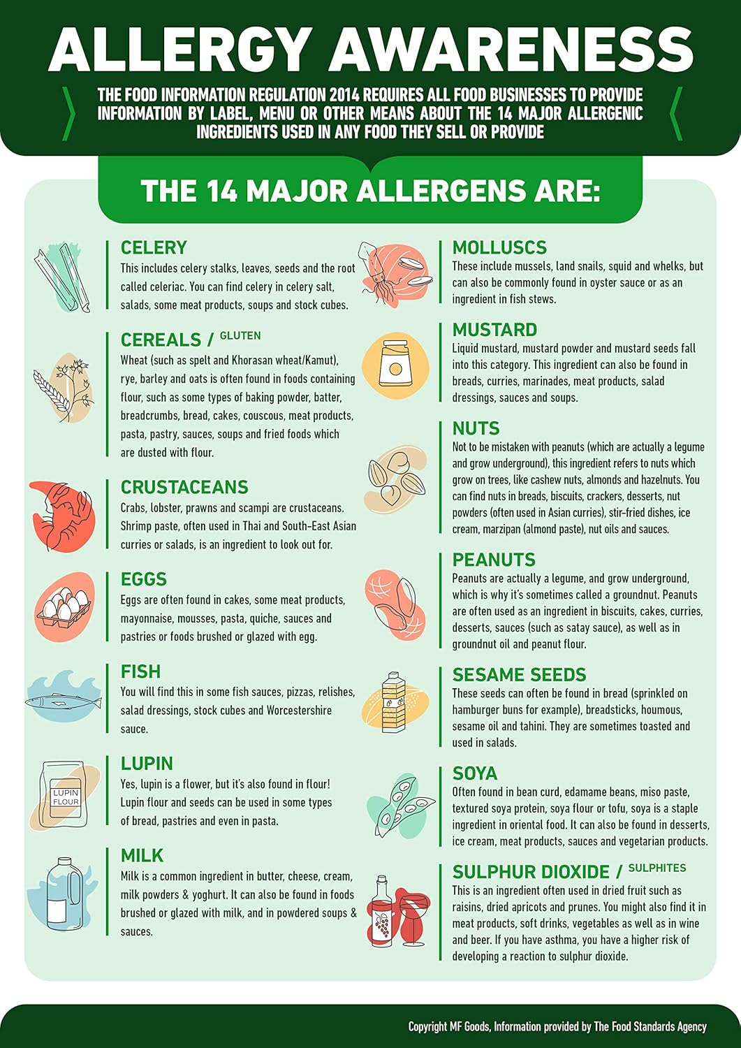 Food Allergy Awareness Sign Poster – A4 Laminated (297mm x 210mm) – 14 Major Allergens Display Chart List – Required Food Safety Notice for Cafes, Restaurants, Takeaways, Kitchens & Catering
