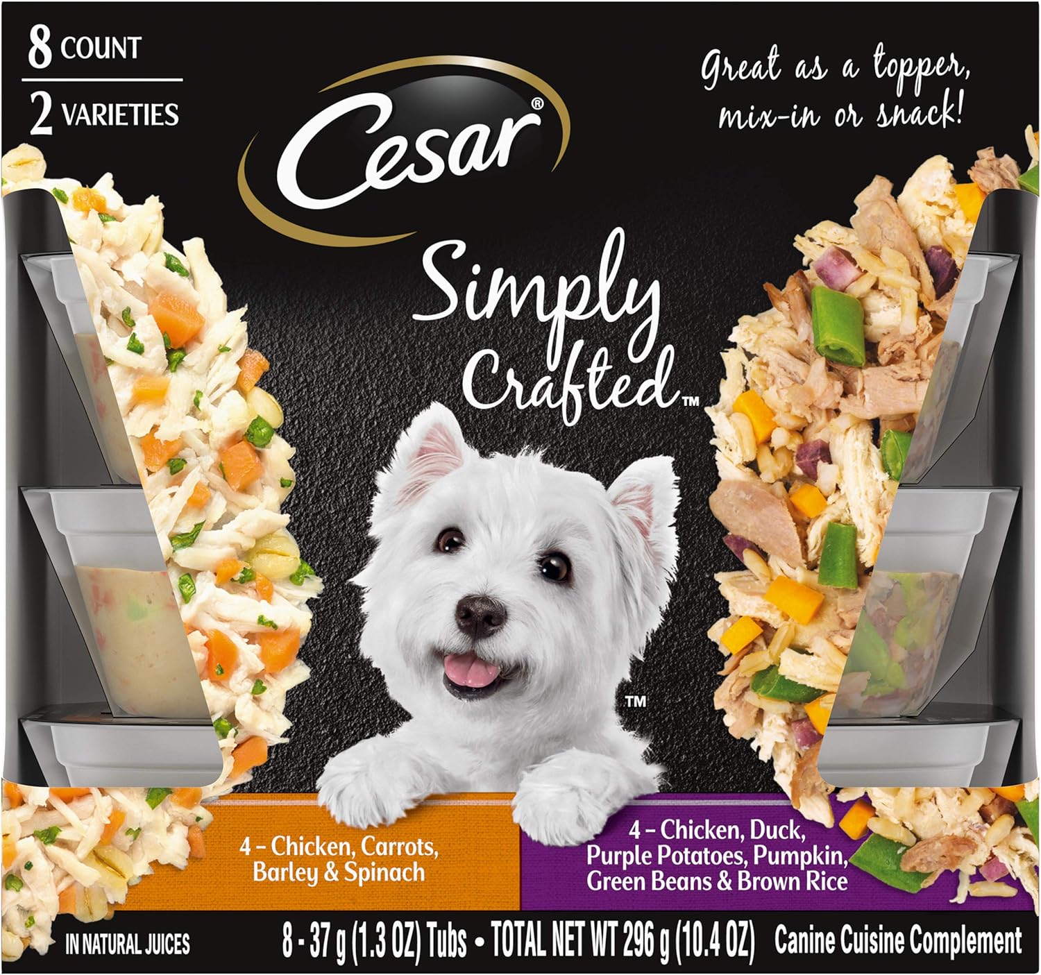 Cesar Simply Crafted Adult Wet Dog Food Meal Topper, Chicken, Duck, Purple Potatoes, Pumpkin, Green Beans & Brown Rice and Chicken, Carrots, Barley & Spinach Multipack, 1.3oz (8 Count, Pack of 1)