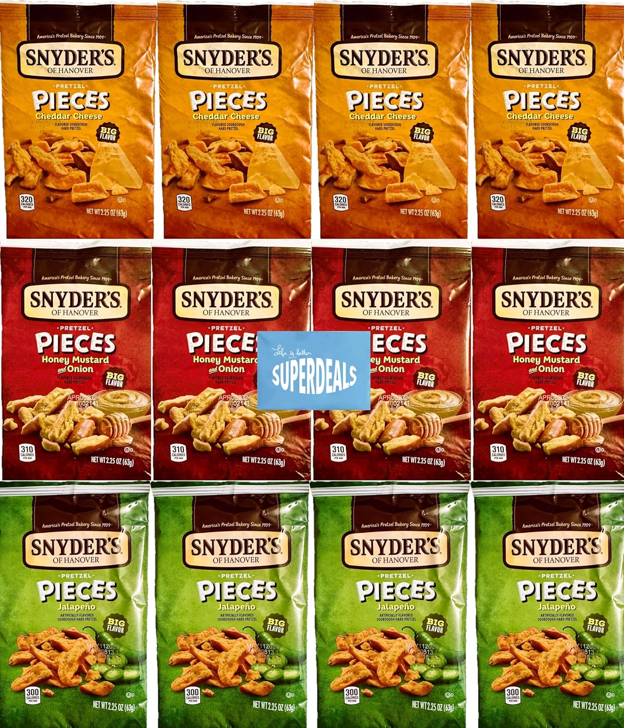 Snyder's of Hanover Pretzel Pieces, Variety 12 Pack bundled by SUPERDEALS 4 Cheddar Cheese, 4 Honey Mustard and Onion, 4 Jalapeno Pretzels, 2.25 oz each bag, total 27 Ounces with mystery gift in every order