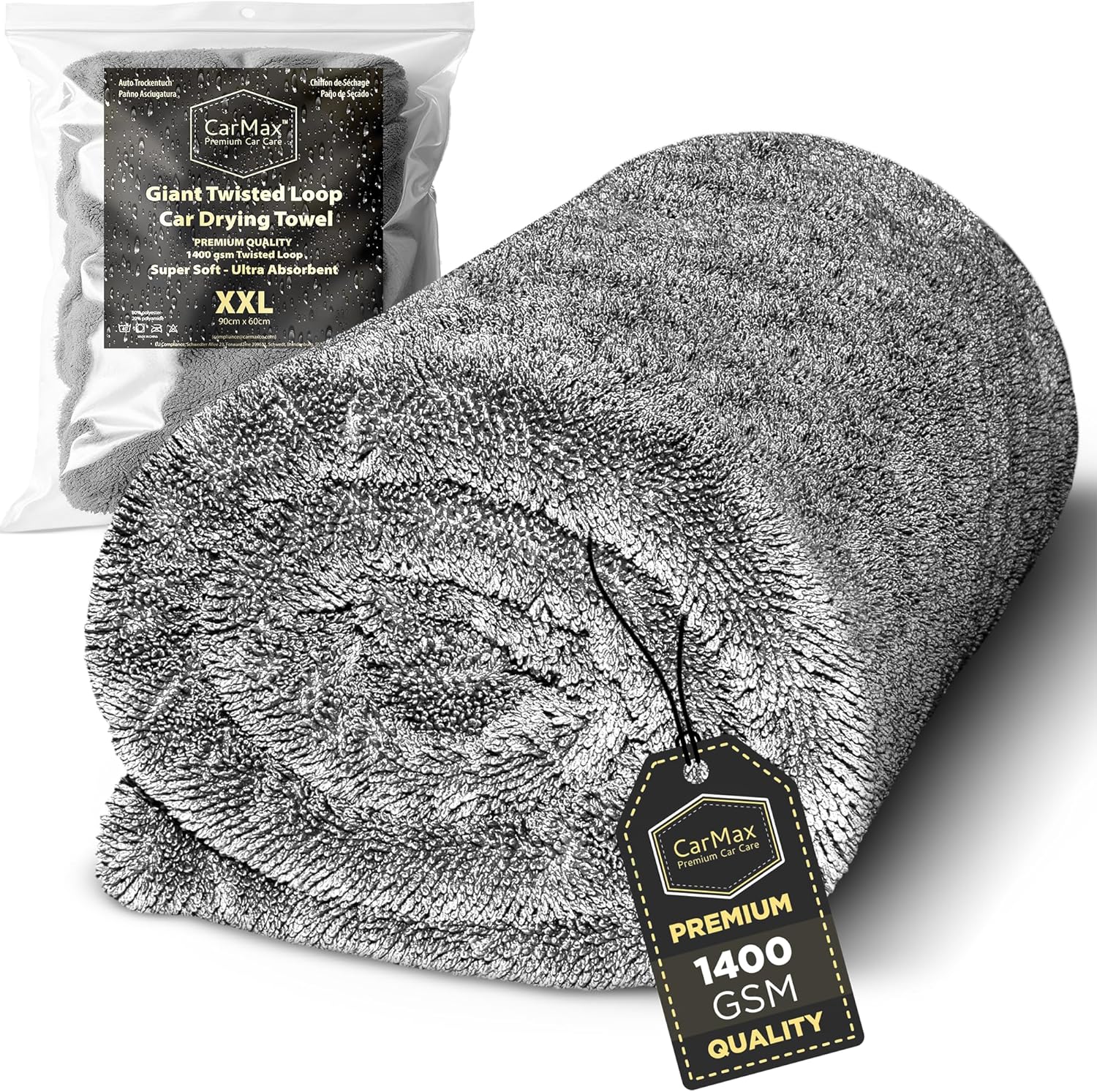 CarMax® - Original Twisted Loop Car Drying Towel - Double-Sided XXL - 90cm x 60cm 1400gsm Microfibre Towel for fast streak-free drying and detailing.