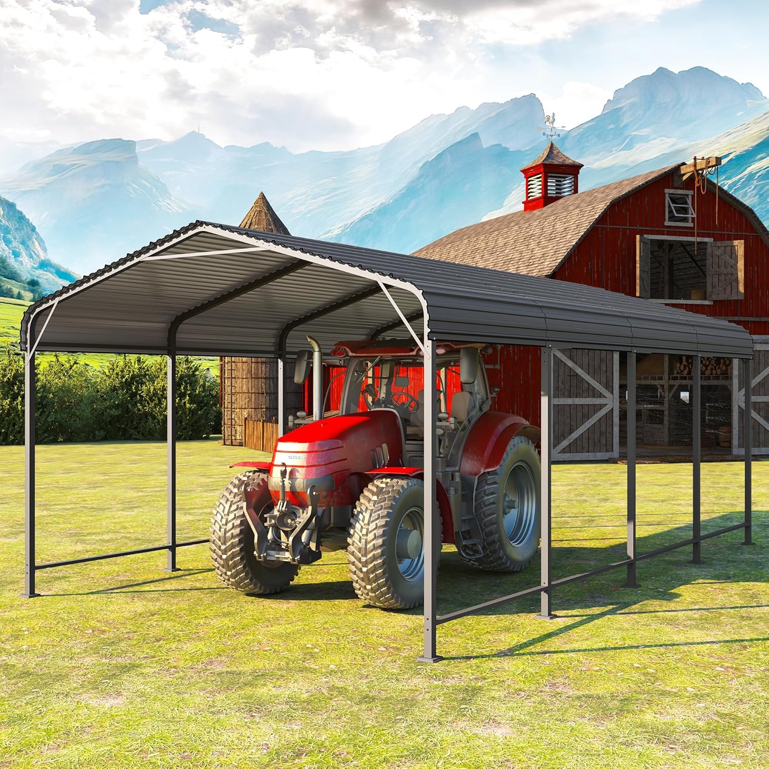12x20FT Metal Carport, Heavy Duty Carport Canopy with Reinforced Frame and Base for All-Weather, Outdoor Garage Car Port for Boats, Tractors, Pickup Trucks or Party, Dark Gray