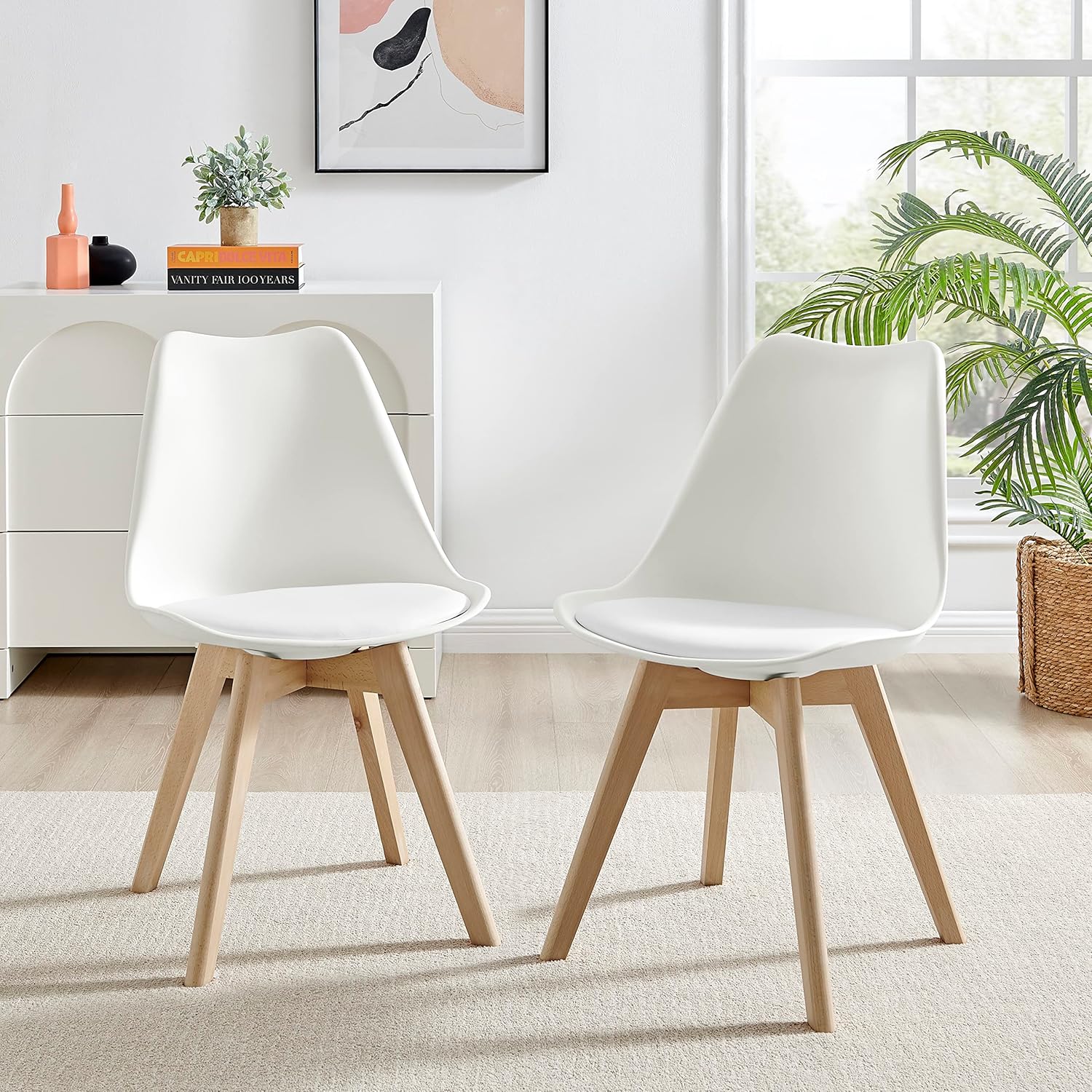 Furniturebox UK Stockholm Dining Chairs - Set of 2 White Modern Scandi Laid Back Stylish Plastic and Wood Chairs for Dining Room