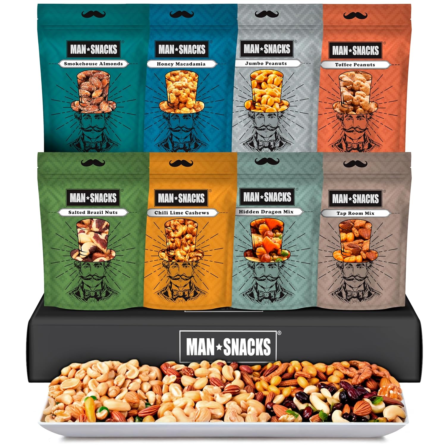 Nuts Gift Basket for Men - 8 Unique Flavors of Gourmet Nuts Include Cashews, Peanuts, Macadamia Nuts, and Almonds in an Assortment of Salted, Roasted, BBQ and, Candied Nuts - in a Manly Nuts Gift Box