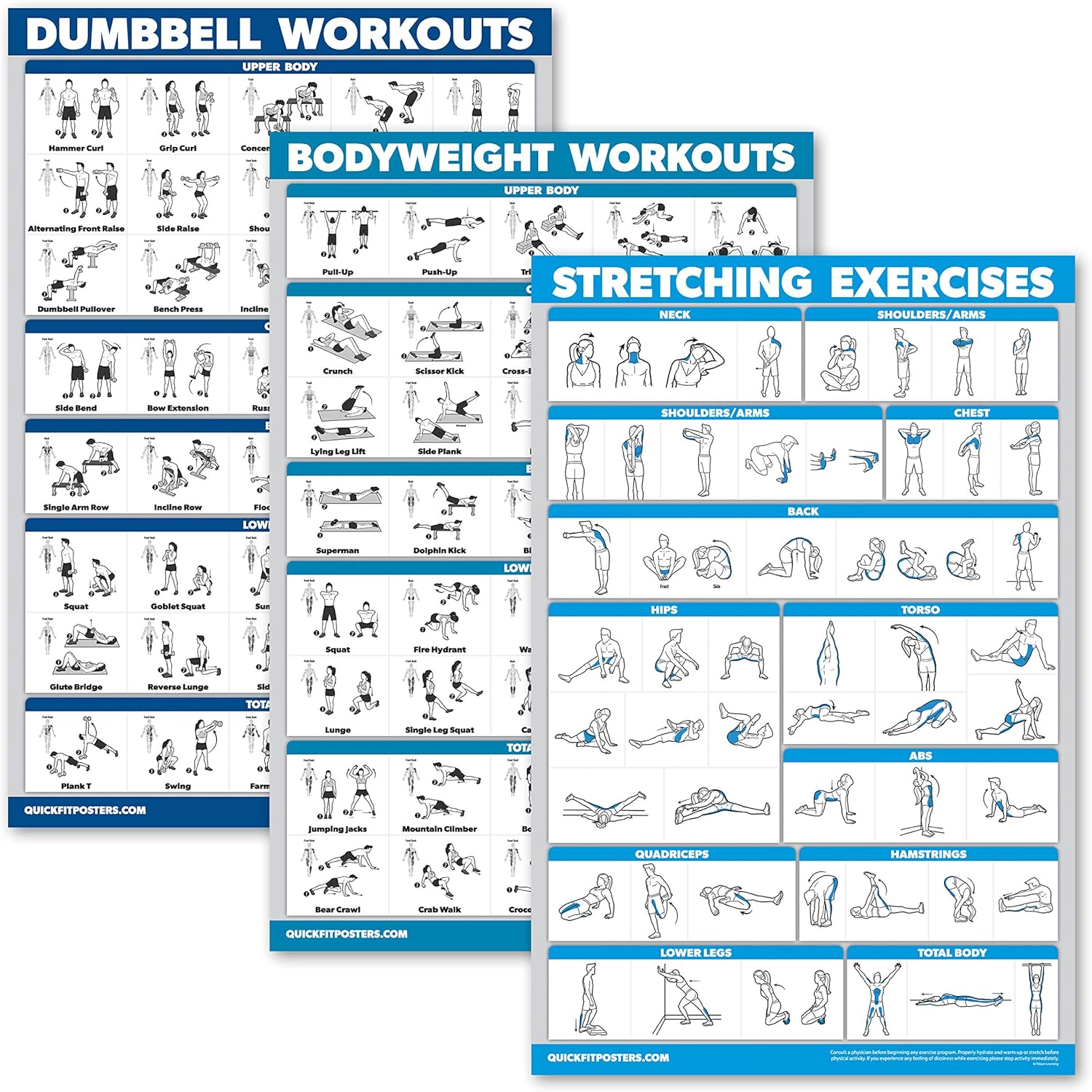 QuickFit 3 Pack - Dumbbell Workouts + Bodyweight Exercises + Stretching Routine Poster Set - Set of 3 Workout Charts (Laminated, 18" x 24")