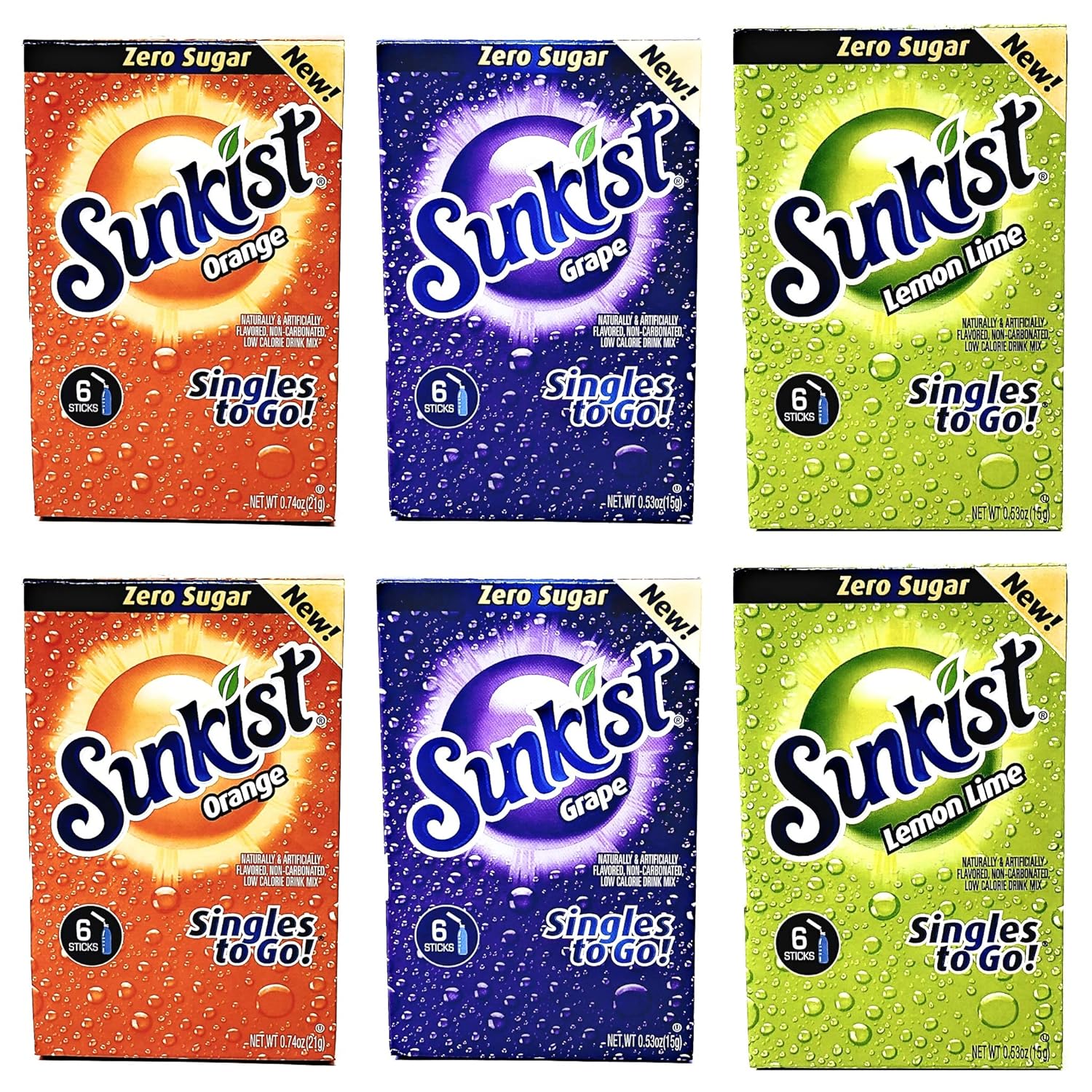 Sunkist Zero Sugar Singles To Go Variety Pack - 3 Flavors: Orange, Grape and Lemon Lime - 6 Boxes, 36 Singles - 2 Boxes Each Flavor