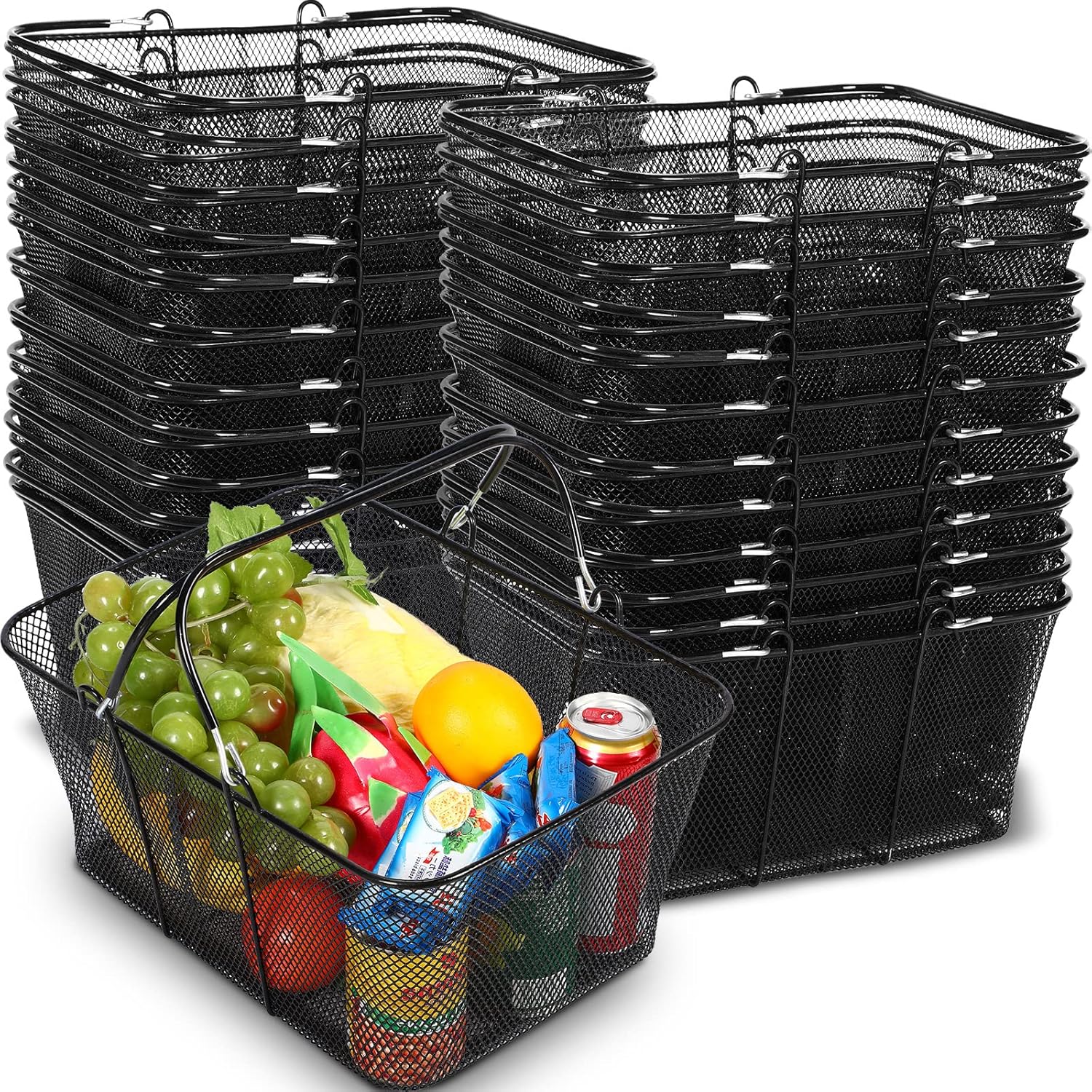 20 Pcs Shopping Baskets with Handles 22L Black Metal Wire Grocery Baskets Portable Mesh Shop Carts Bulk for Supermarket Retail Store Supplies, 15.8 x 11.8 x 7.5 Inch