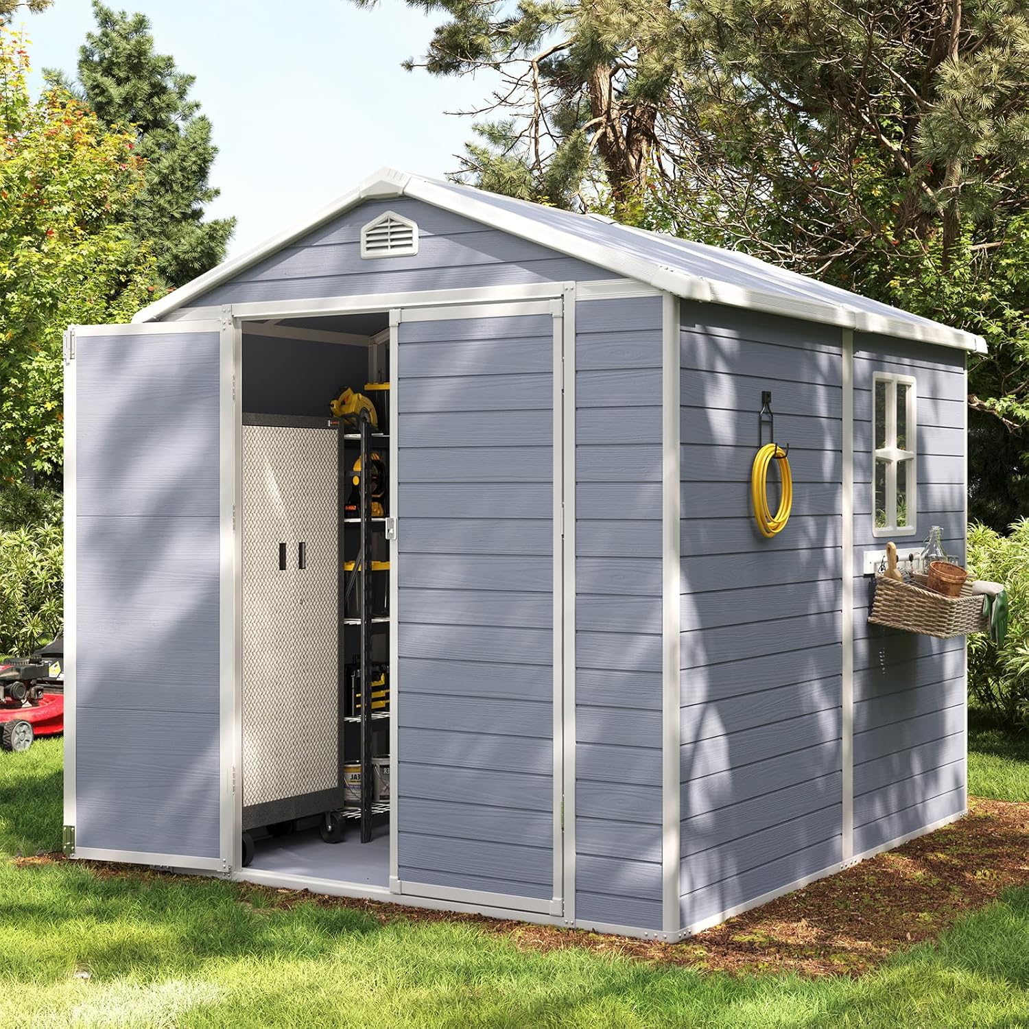 Aoxun 6 x 8 FT Outdoor Storage Shed with Window, Resin Shed with Floor & Lockable Doors, Garden Shed Waterproof Plastic Tool Shed with Sloped Roof for Backyard, Garden, Patio, Lawn, Grey