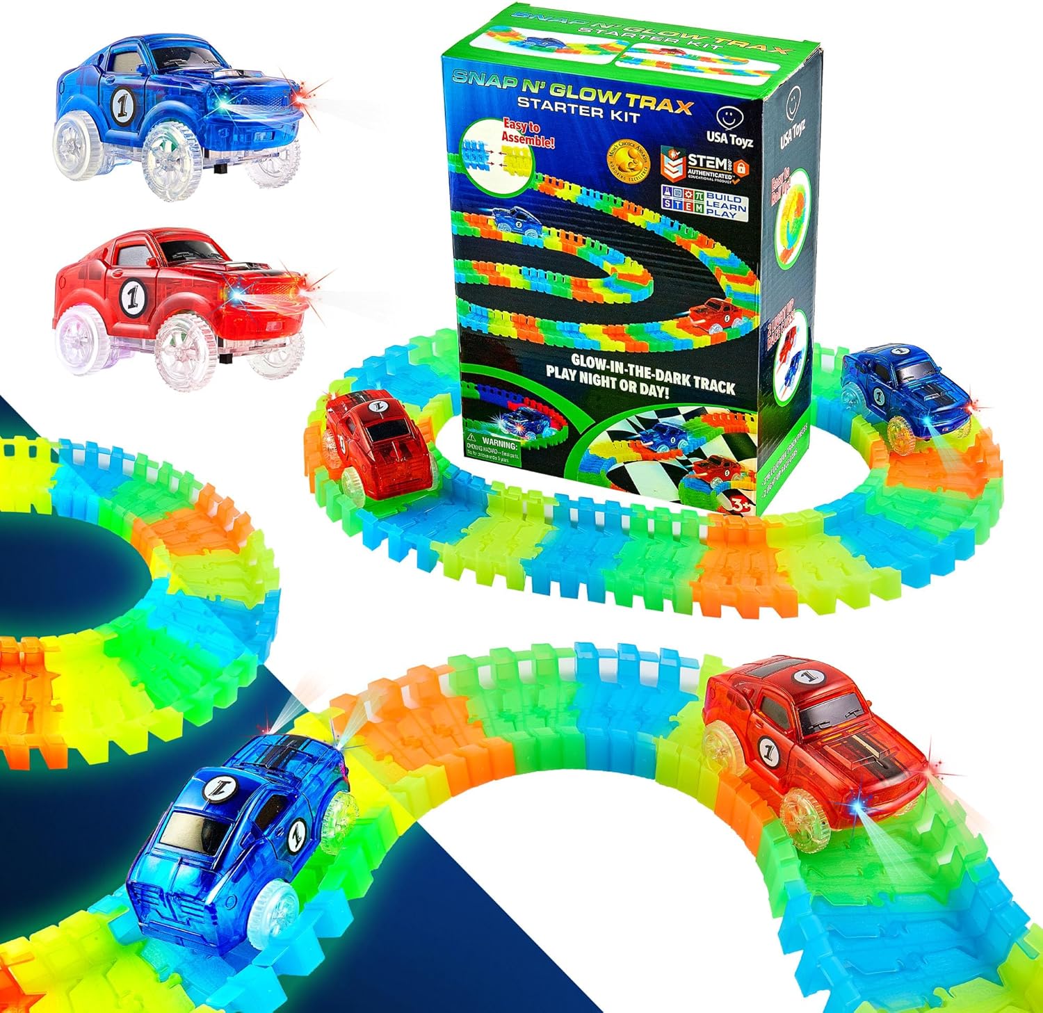 USA Toyz Glow Tracks Starter Kit Race Tracks and 2 LED Toy Cars - 216pk Glow in The Dark Bendable Flexible Rainbow Race Track Set with 2 Light Up Car Toys, STEM Building Toys for Boys and Girls
