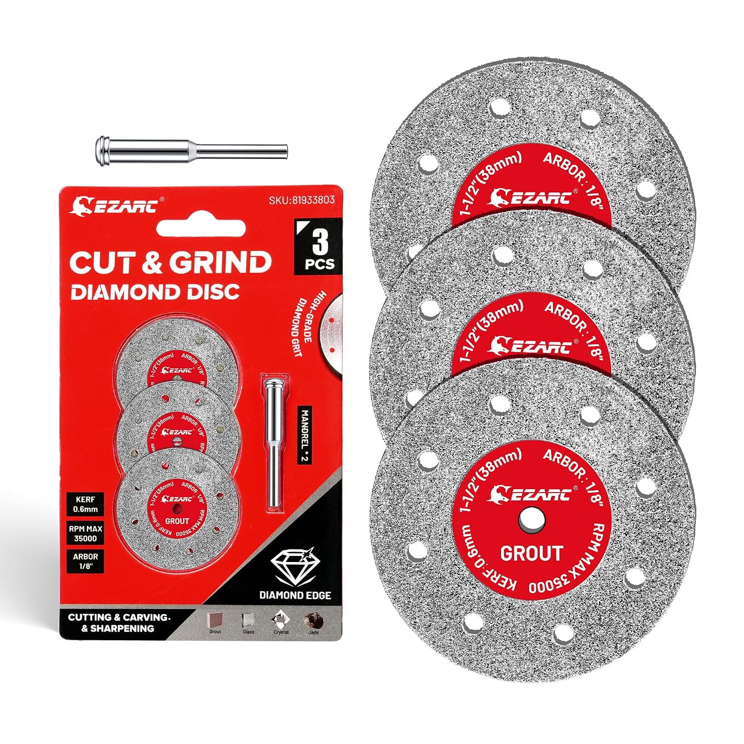 EZARC 38mm Diamond Cutting Discs, 3PCS Cutting Wheel for Tile, 1 Mandrel