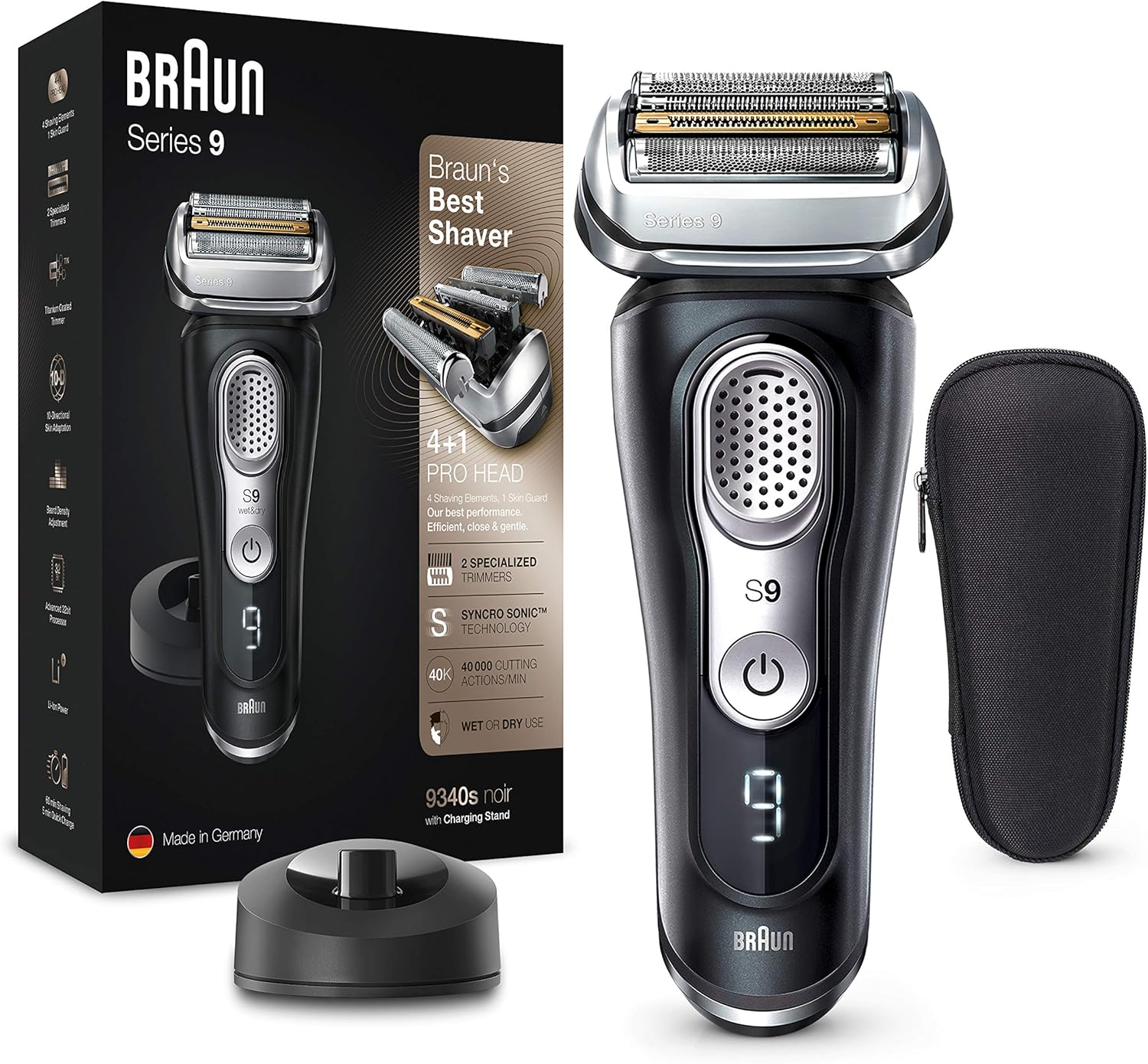 Braun Series 9 Electric Shaver With Precision Trimmer, Charging Stand and Travel Case, Wet and Dry, 100 Percent Waterproof, UK 2 Pin Plug, 9340s, Black Razor