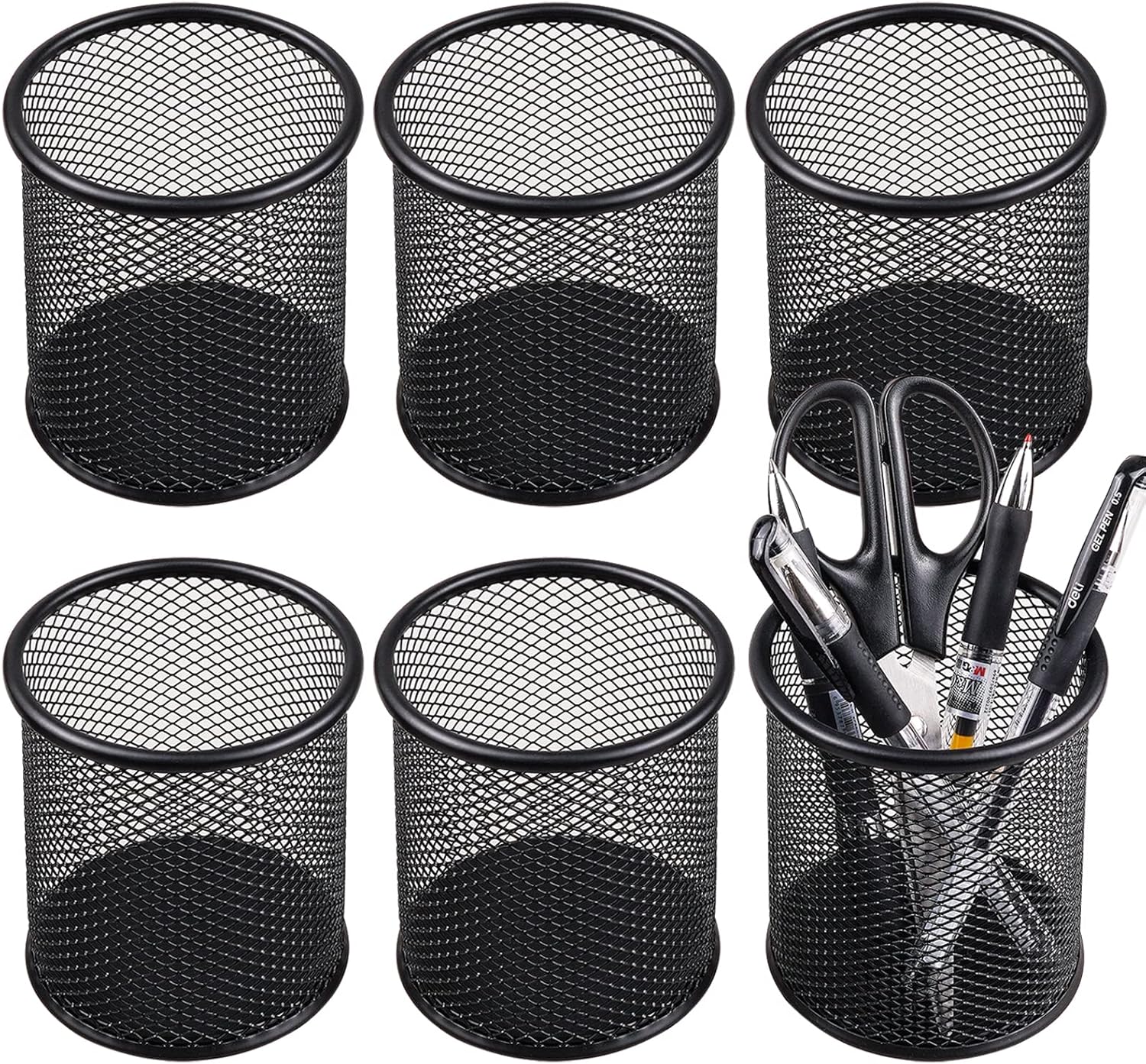 QYH Mesh Pen Cup Metal Pencil Holder for Desk 6 Packs Black Pen Organizer Office 3.54x3.93 Inch