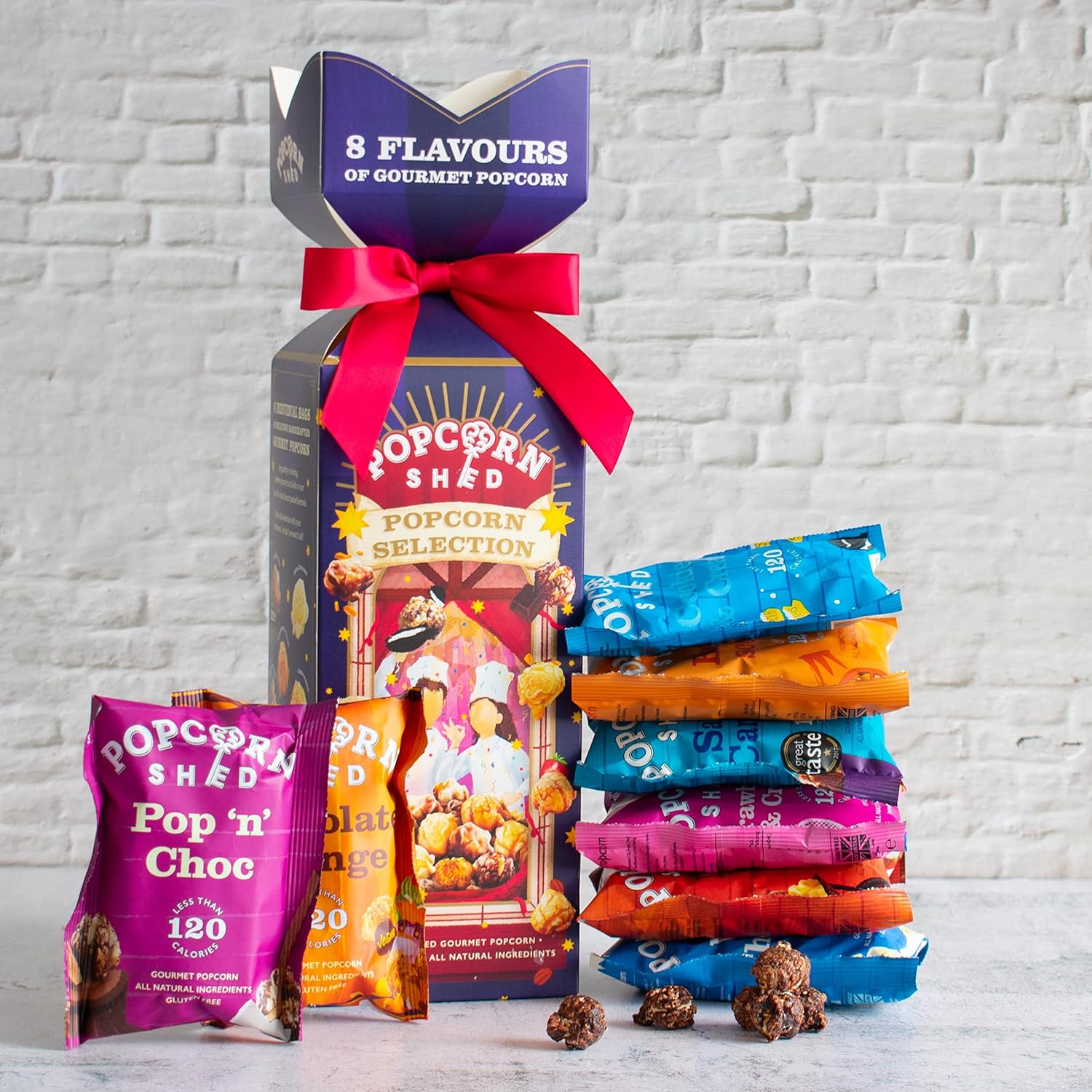 Popcorn Shed Christmas Cracker Gift | Salted Caramel, Strawberries & Cream, White Chocolate, Cookies & Cream, Butterscotch, Chocolate Caramel, Pecan Pie & Chocolate Orange | Popcorn Snacks for Foodies