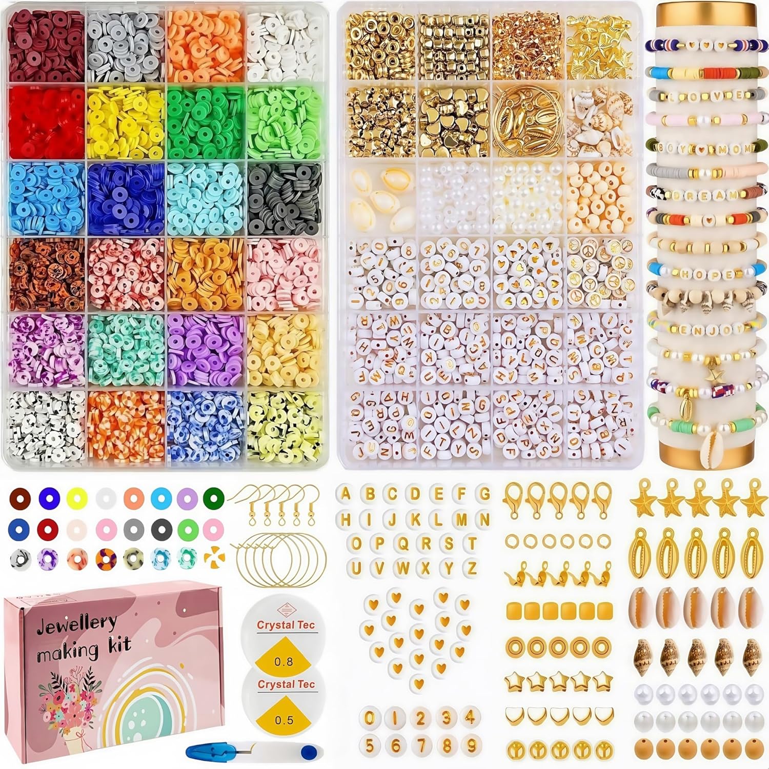 LUOBITO Clay Beads Bracelet Making Kit, 2 Boxes 6mm Flat Polymer Clay Bead Set, 24 Colors Heishi Bead for Jewelry Making Kit, Letter Number Beads Refill Charms Gift for Girls Adults