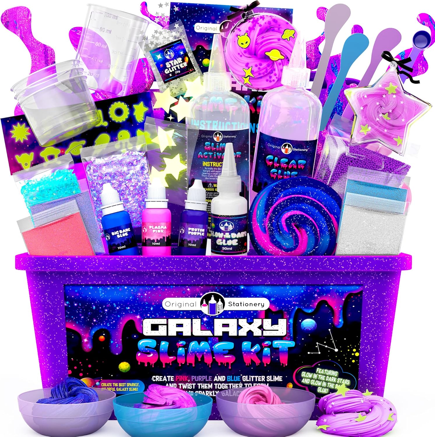 Original Stationery Galaxy Slime Kit - Box, Space Theme - Make Your Own Slime Kit with Glow-in-The-Dark Stars & Glitter Powders for Girls, Ages 8-12