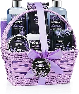 Valentines Day Gifts for Her, Spa Gift Basket, Luxury 9pc Bath & Body Set For Women & Men, Lavender & Jasmine Scent - Shower Gel, Bubble Bath, Lotion, Salts, Body Scrub, Massage Oil, Loofah & Basket