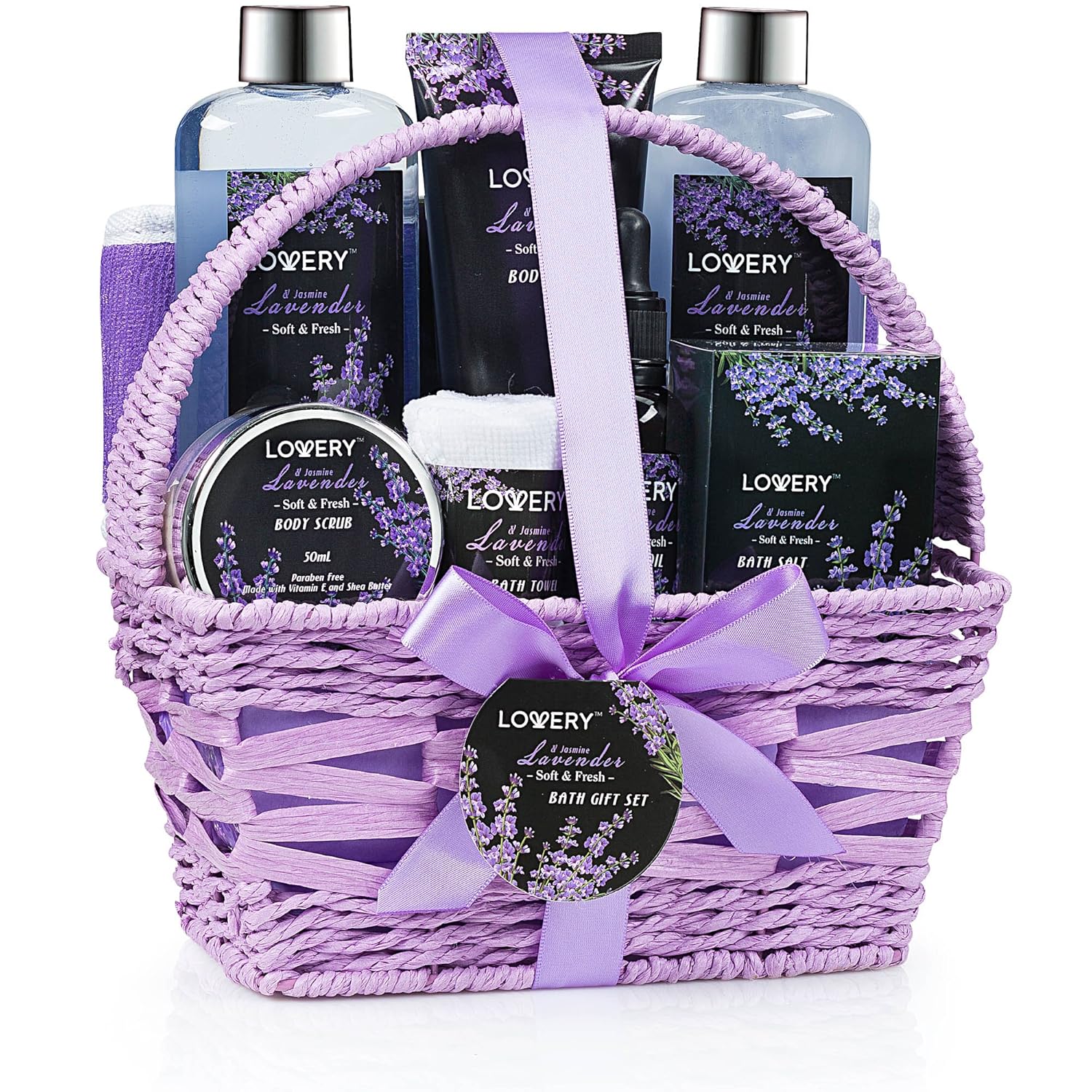 Valentines Day Gifts for Her, Spa Gift Basket, Luxury 9pc Bath & Body Set For Women & Men, Lavender & Jasmine Scent - Shower Gel, Bubble Bath, Lotion, Salts, Body Scrub, Massage Oil, Loofah & Basket