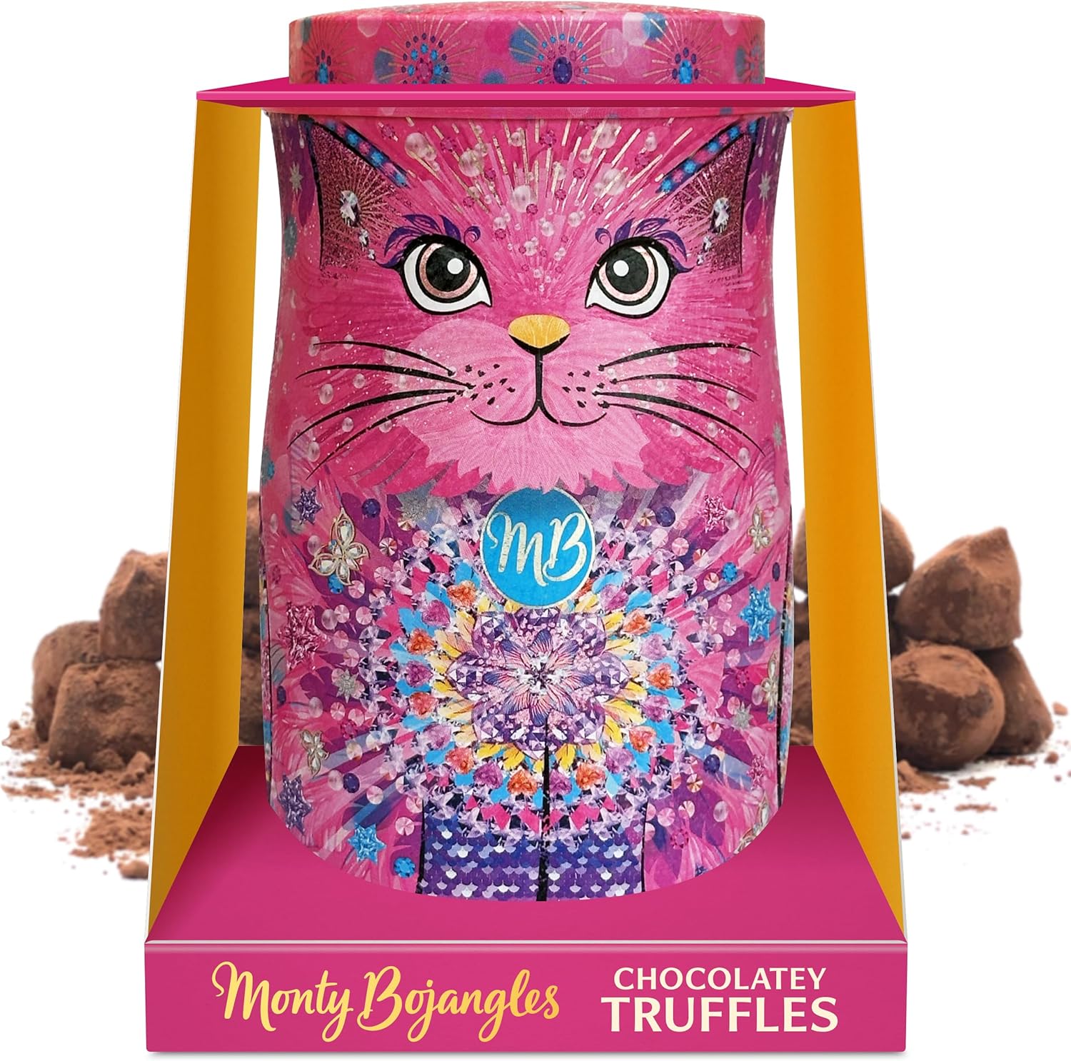 Monty Bojangles Cocoa Dusted Chocolate Truffles Cat Tin (135g - Shimmering Starlet) Berry Bubbly Luxury Truffles - Collectable Cat Tin, Truffles Chocolate Gift Box With Bespoke Design