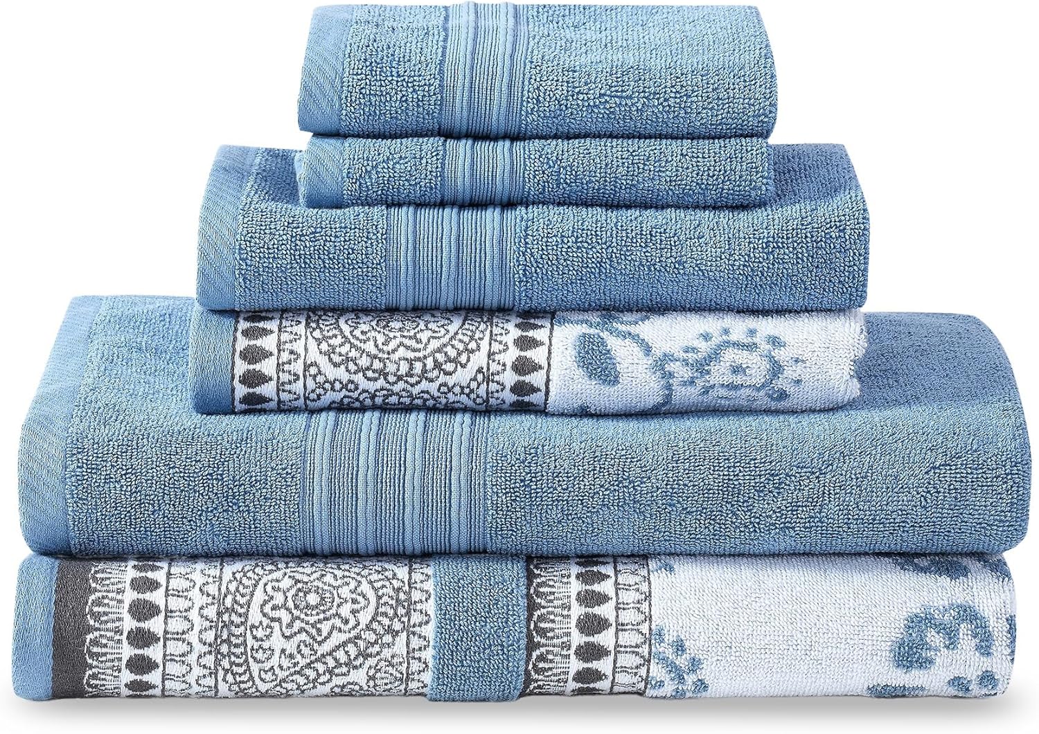 Modern Threads 6 Piece Set, 2 Bath Towels, 2 Hand Towels, 2 Washcloths Yarn Dyed Jacquard/Solid Towel Set Ophelia Blue