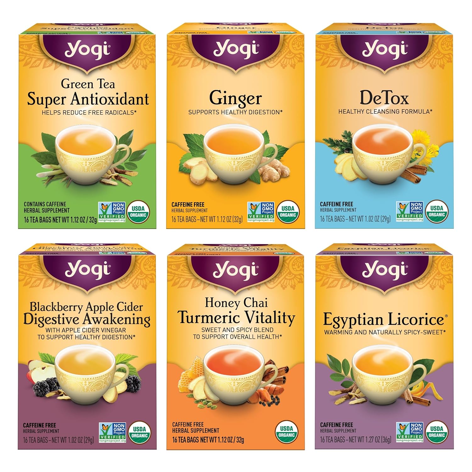 Yogi Digestion & DeTox Sampler Pack (6 Pack) - Wellness Support - Herbal & Green Tea - 96 Tea Bags