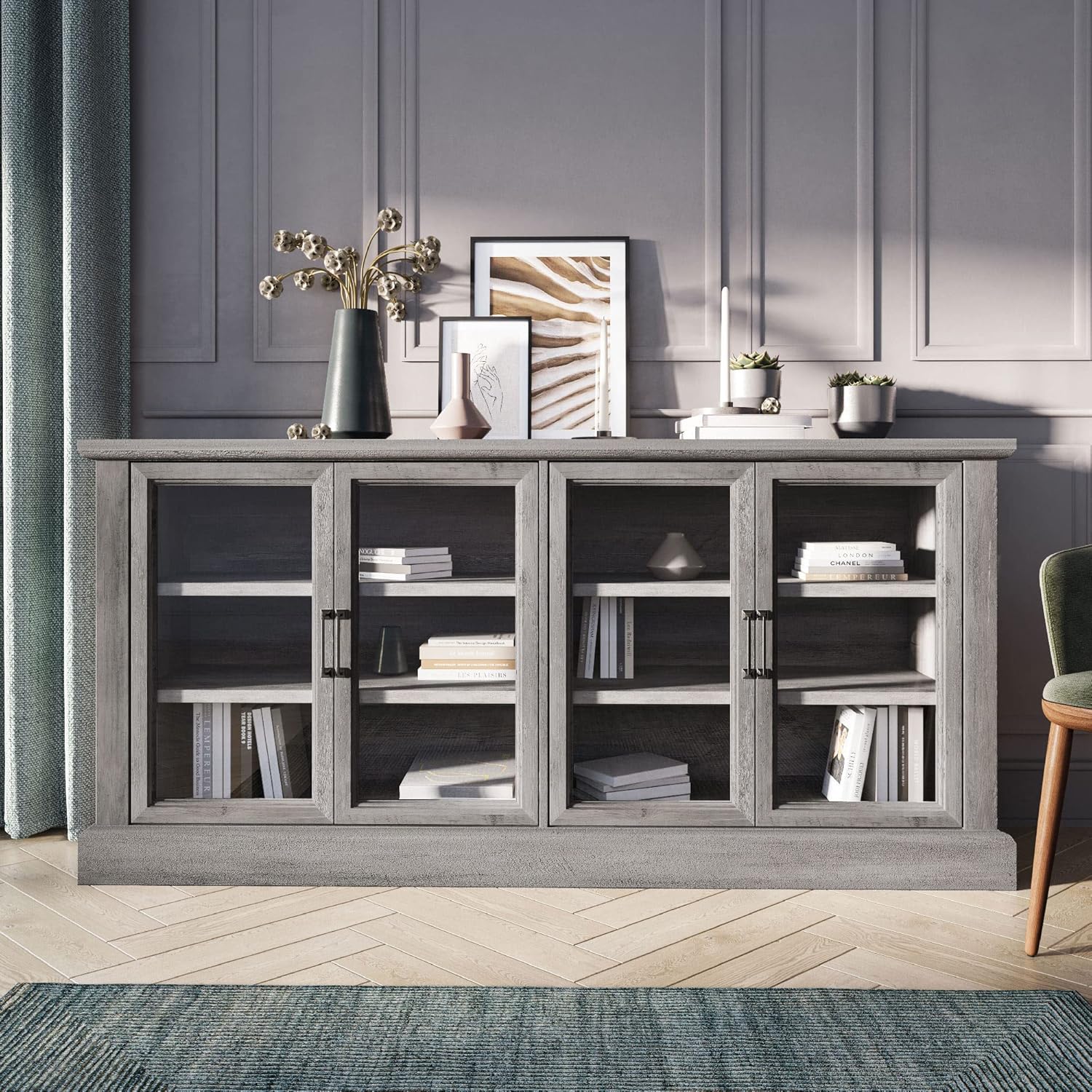 BELLEZE 70 Inch Sideboard Buffet Cabinet, Entertainment Center with Storage, Glass Display Cabinet with Adjustable Shelves Console Table Storage Cabinet for Living Room, Dining Room, Gray Wash