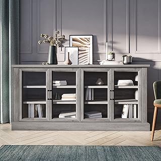 BELLEZE 70 Inch Sideboard Buffet Cabinet, Entertainment Center with Storage, Glass Display Cabinet with Adjustable Shelves Console Table Storage Cabinet for Living Room, Dining Room, Gray Wash