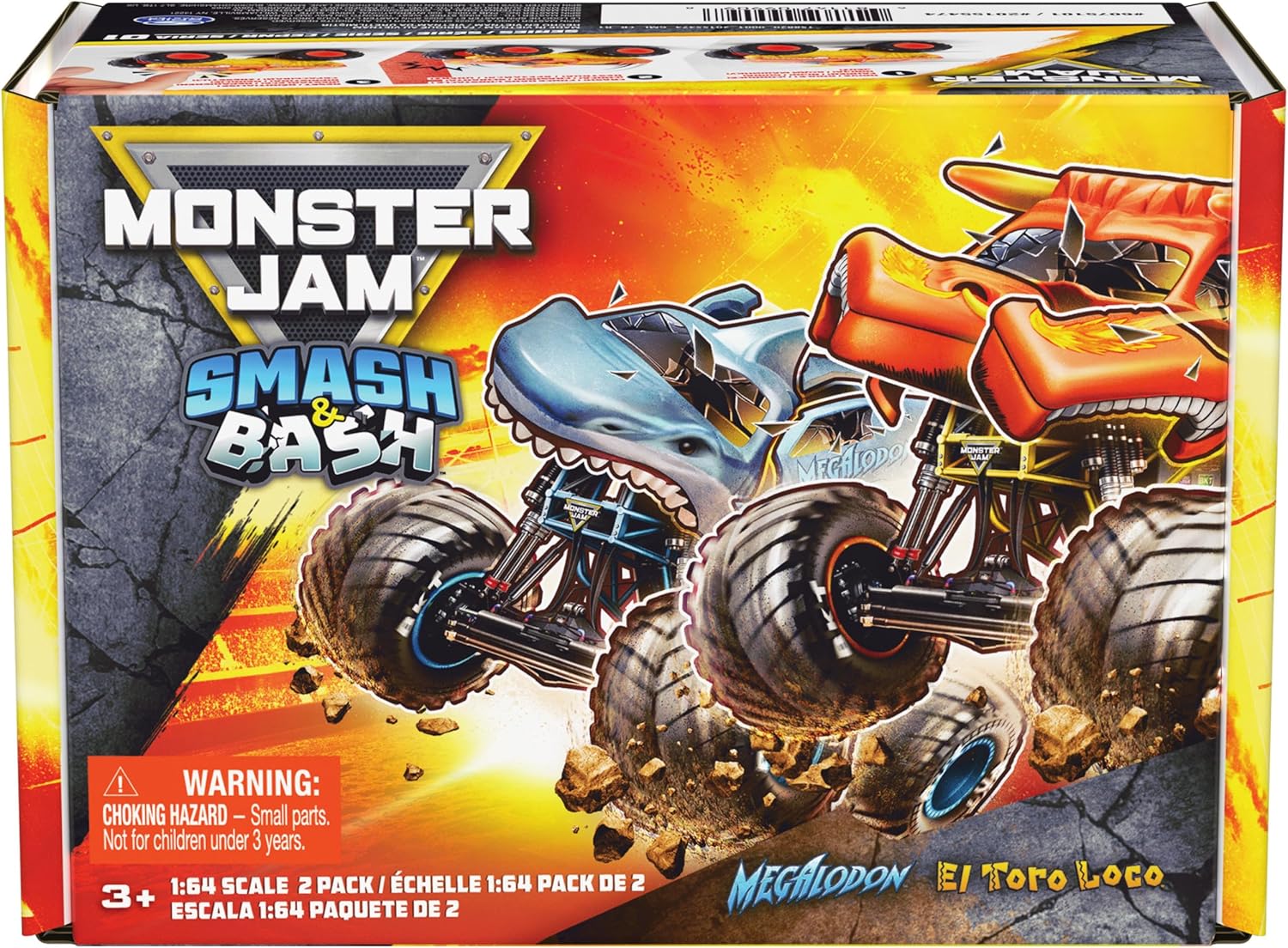 Monster Jam Smash & Bash 2-Pack Monster Trucks, Megalodon & El Toro Loco, 1:64 Die Cast Repairable Monster Truck, Kids Toys for Boy and Girls Ages 3 and up