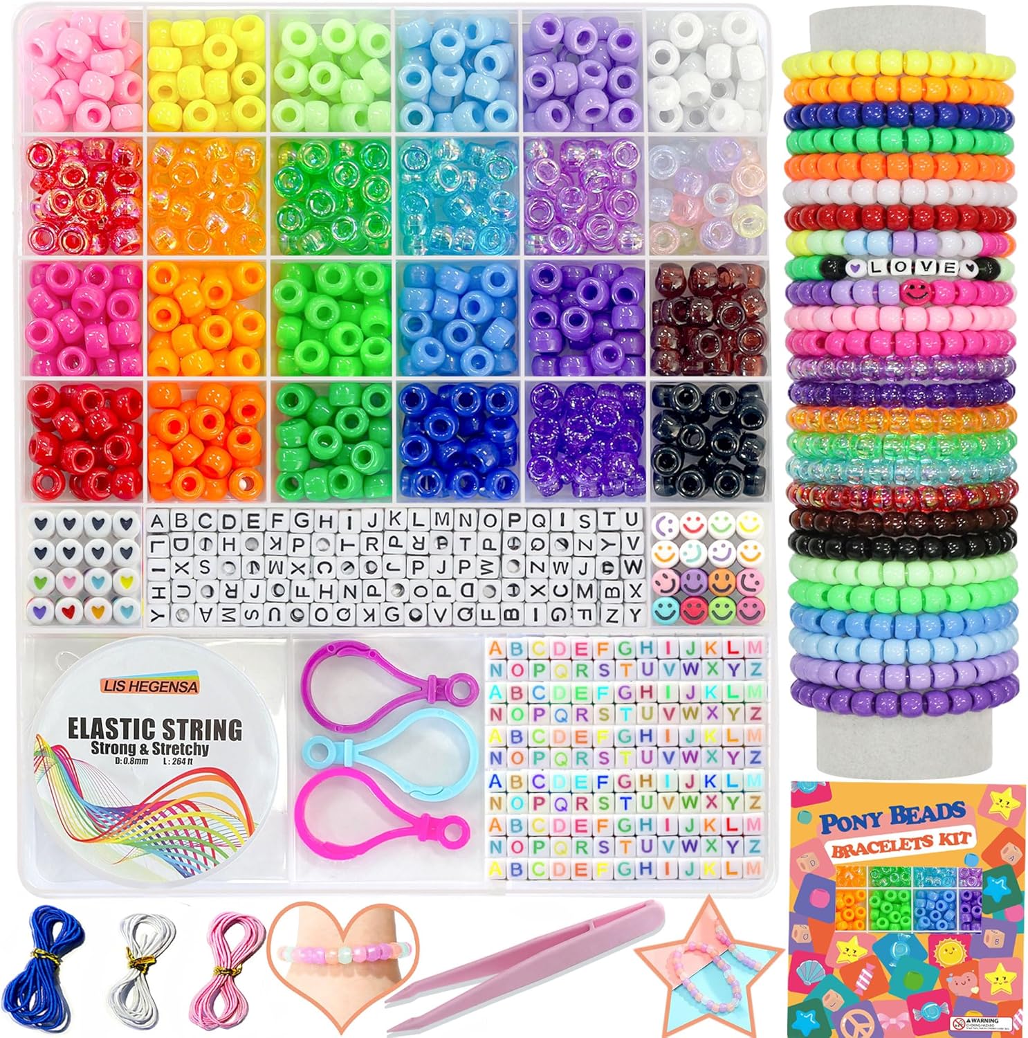 LIS HEGENSA Pony Beads Bulk,Kandi Beads for Necklace Jewelry Making Hair Braiding,Bracelets Making Kits,Hair Bead,Bracelet Beads,Plastic Beads for Crafts Braids Girls(24 Color,1000PCS)